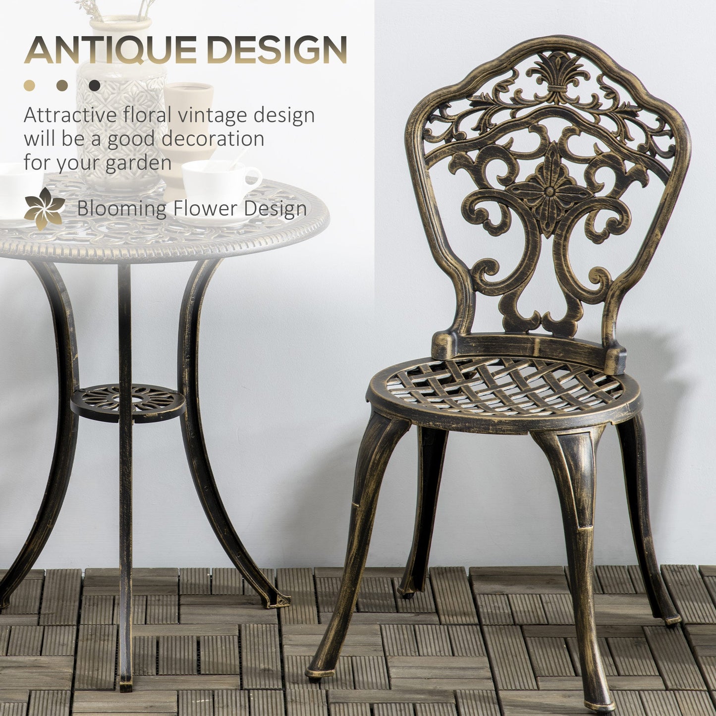 3 Piece Cast Aluminium Garden Bistro Set for 3, Outdoor Coffee Table Set with Parasol Hole, Two Armless Chairs and Round Coffee Table for Balcony, Patio, Bronze