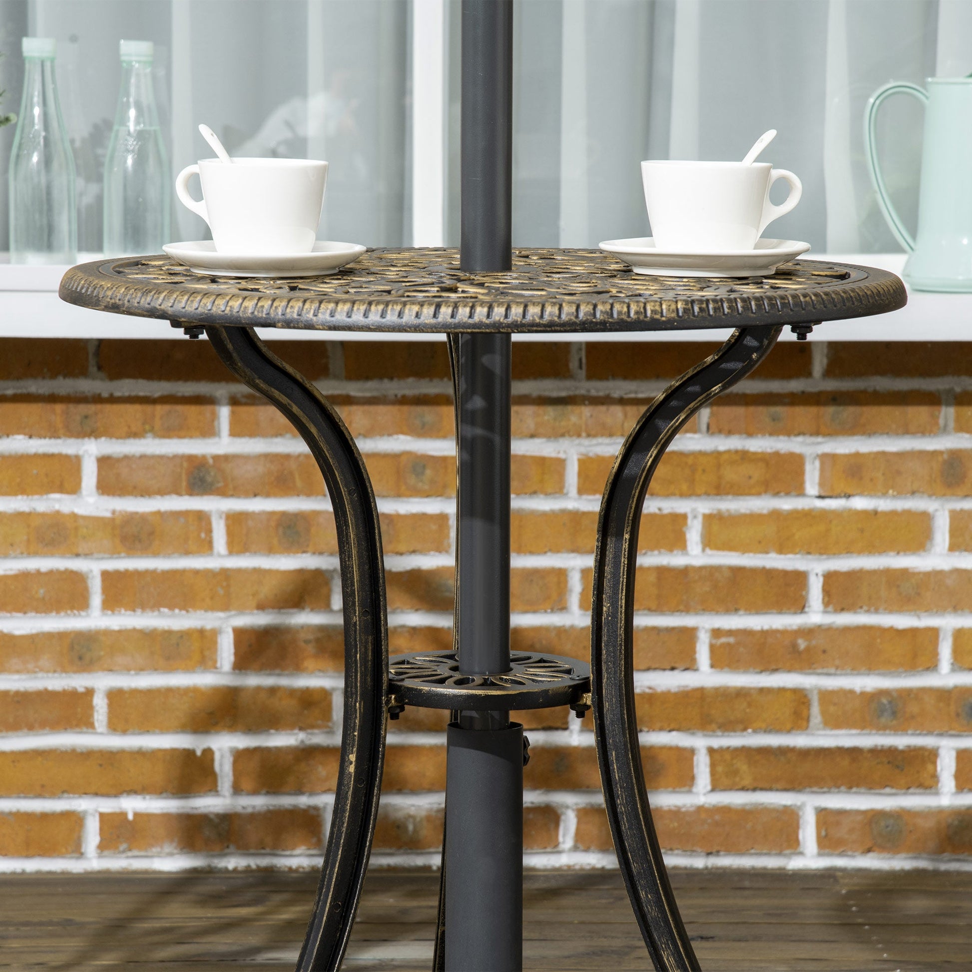 3 Piece Cast Aluminium Garden Bistro Set for 3, Outdoor Coffee Table Set with Parasol Hole, Two Armless Chairs and Round Coffee Table for Balcony, Patio, Bronze