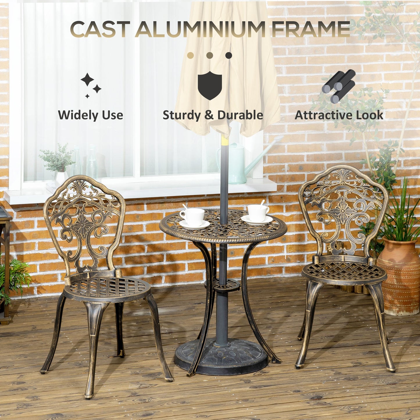 3 Piece Cast Aluminium Garden Bistro Set for 3, Outdoor Coffee Table Set with Parasol Hole, Two Armless Chairs and Round Coffee Table for Balcony, Patio, Bronze