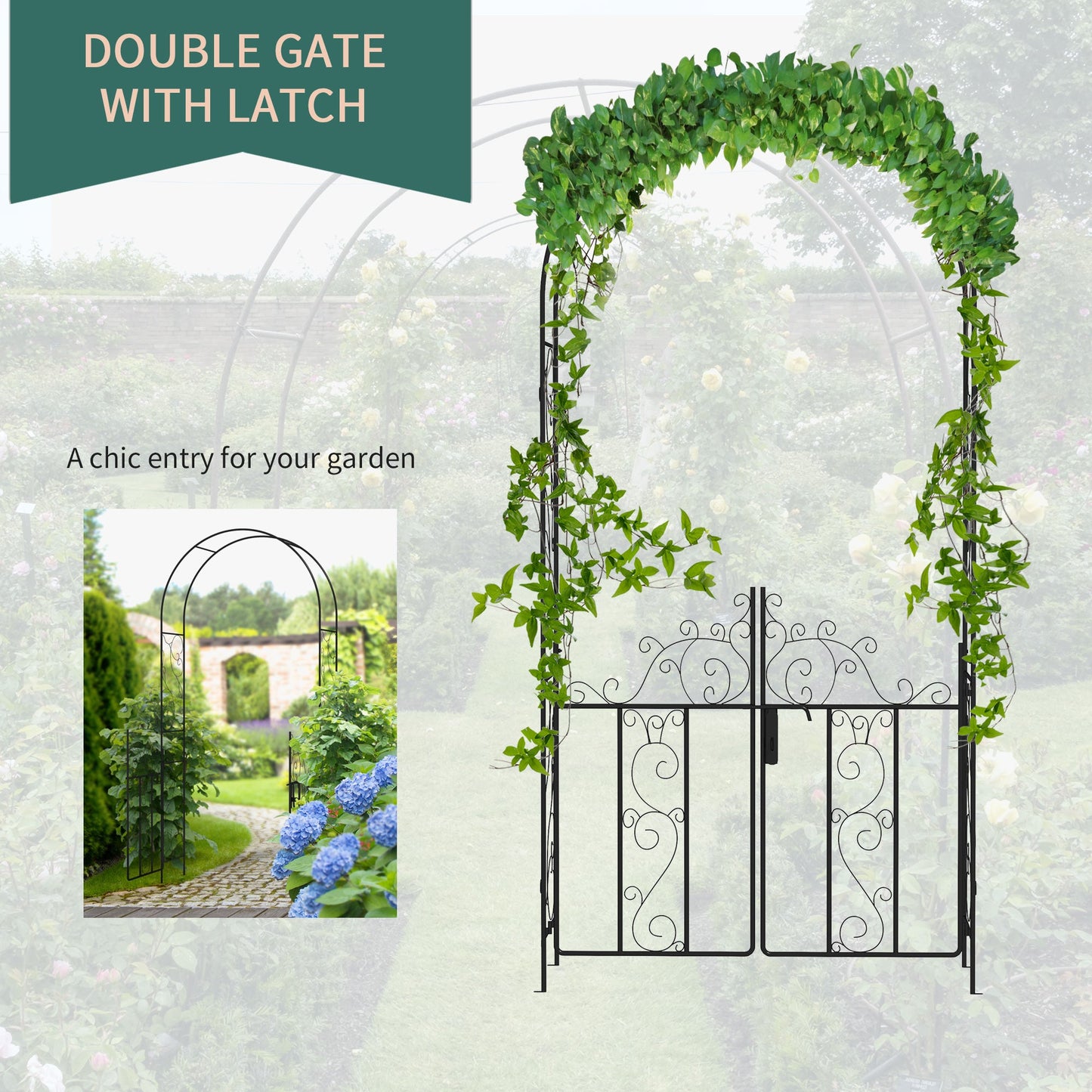 7.5FT Metal Garden Arch with Gate, Garden Arbor Trellis for Climbing Plants, Roses, Vines, Wedding Arch for Outdoor Garden, Lawn, Backyard, Black