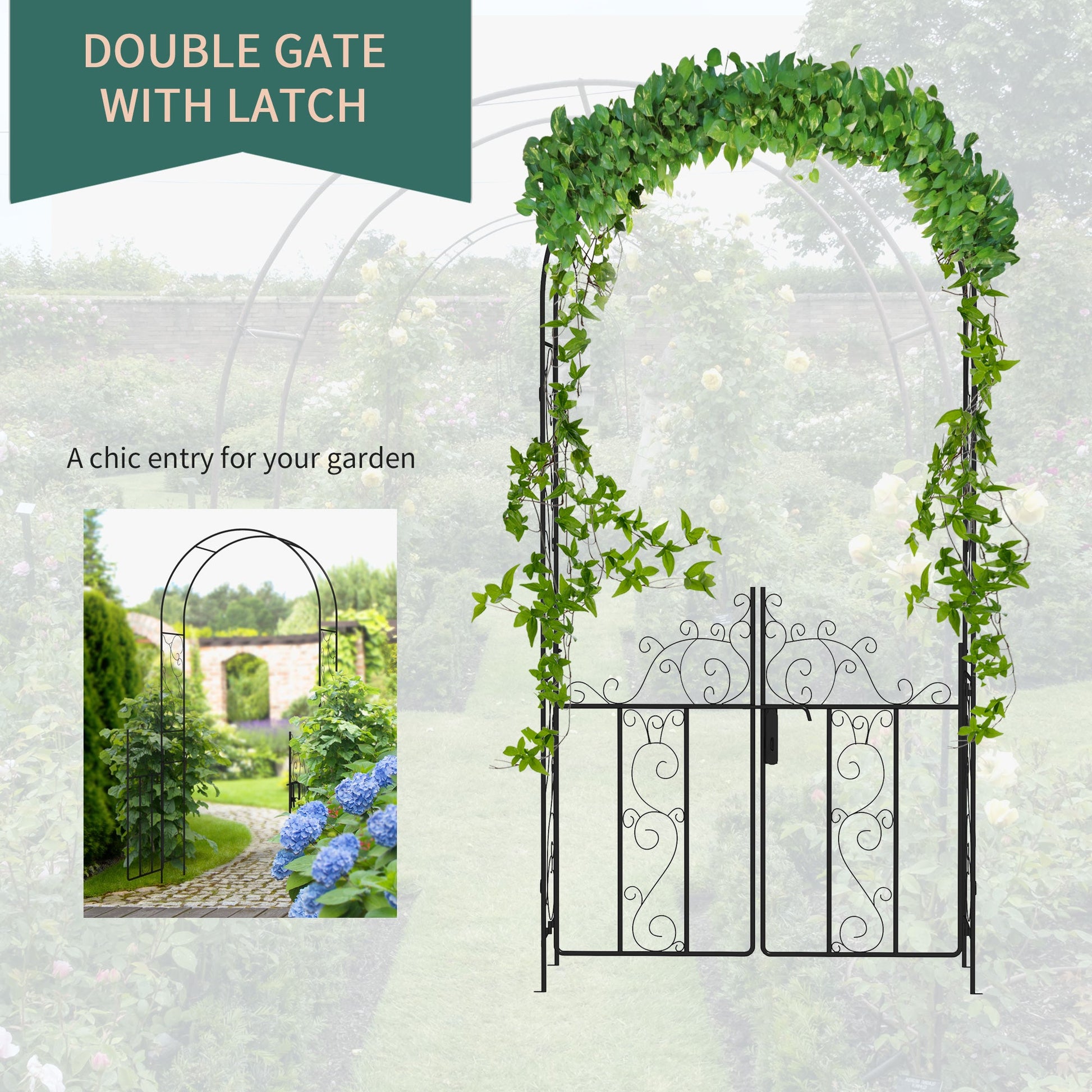 7.5FT Metal Garden Arch with Gate, Garden Arbor Trellis for Climbing Plants, Roses, Vines, Wedding Arch for Outdoor Garden, Lawn, Backyard, Black