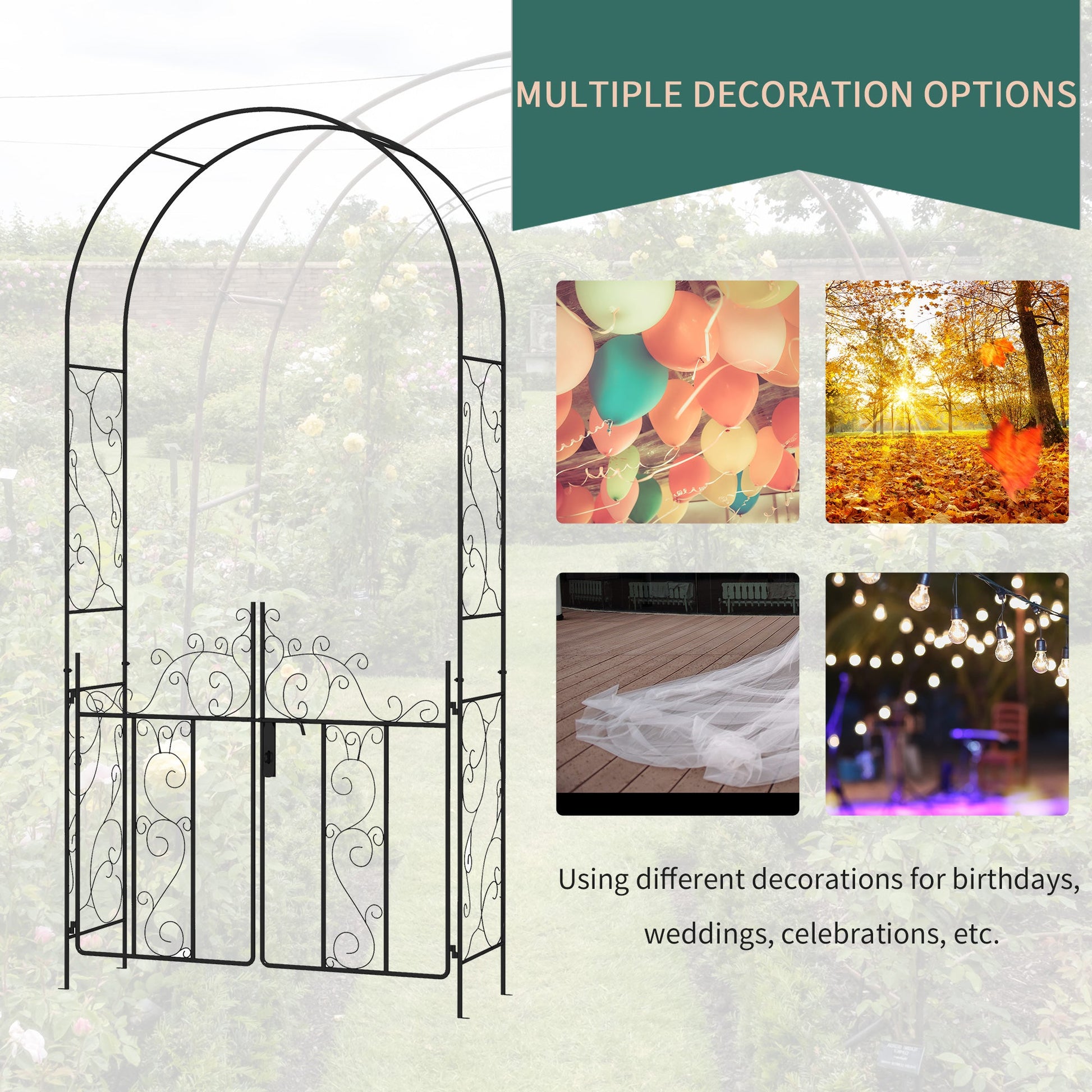 7.5FT Metal Garden Arch with Gate, Garden Arbor Trellis for Climbing Plants, Roses, Vines, Wedding Arch for Outdoor Garden, Lawn, Backyard, Black
