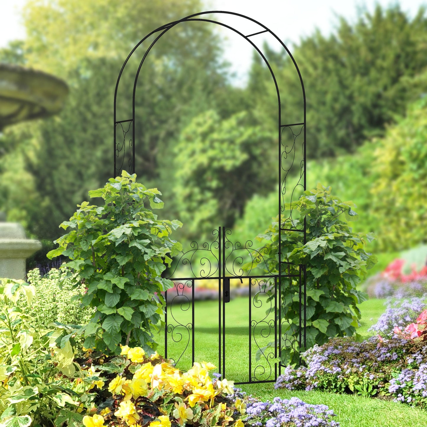 7.5FT Metal Garden Arch with Gate, Garden Arbor Trellis for Climbing Plants, Roses, Vines, Wedding Arch for Outdoor Garden, Lawn, Backyard, Black