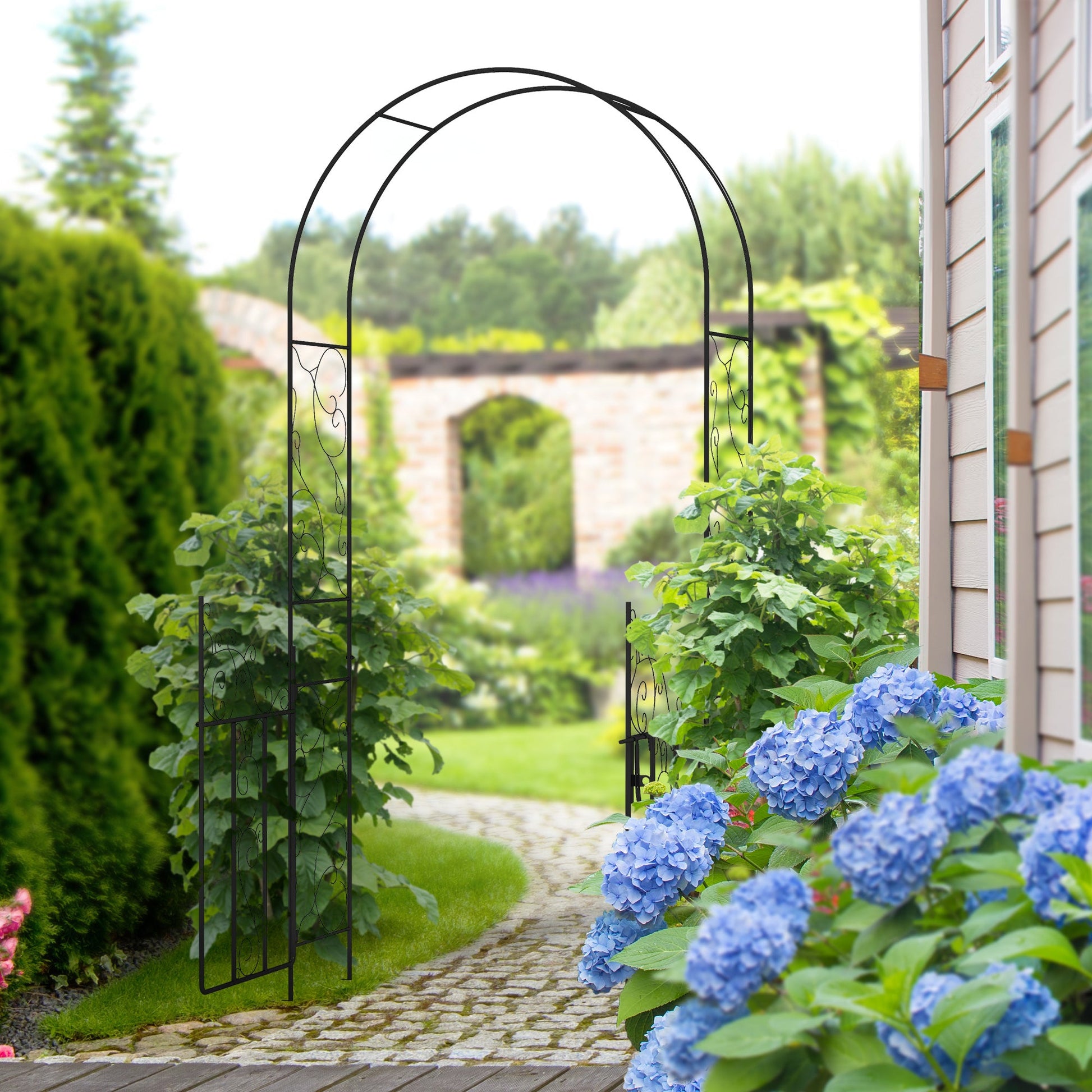 7.5FT Metal Garden Arch with Gate, Garden Arbor Trellis for Climbing Plants, Roses, Vines, Wedding Arch for Outdoor Garden, Lawn, Backyard, Black