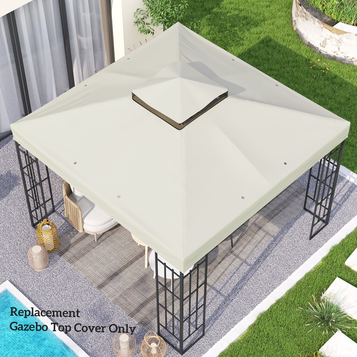10' x 10' Gazebo Replacement Canopy Cover, 2-Tier Outdoor Gazebo Roof Replacement with Drain Holes, Water Resistant Plastic Coating, 370g/㎡, UPF30+, TOP COVER ONLY, Light Grey