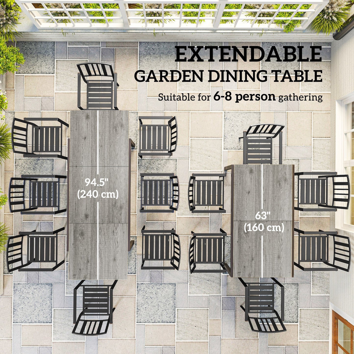 Extendable Patio Dining Table, 63"-94.5" Adjustable Outdoor Dining Table for 6-8 Person, Rectangular Table with Aluminium Edging, Steel Frame, for Porch, Deck, Garden