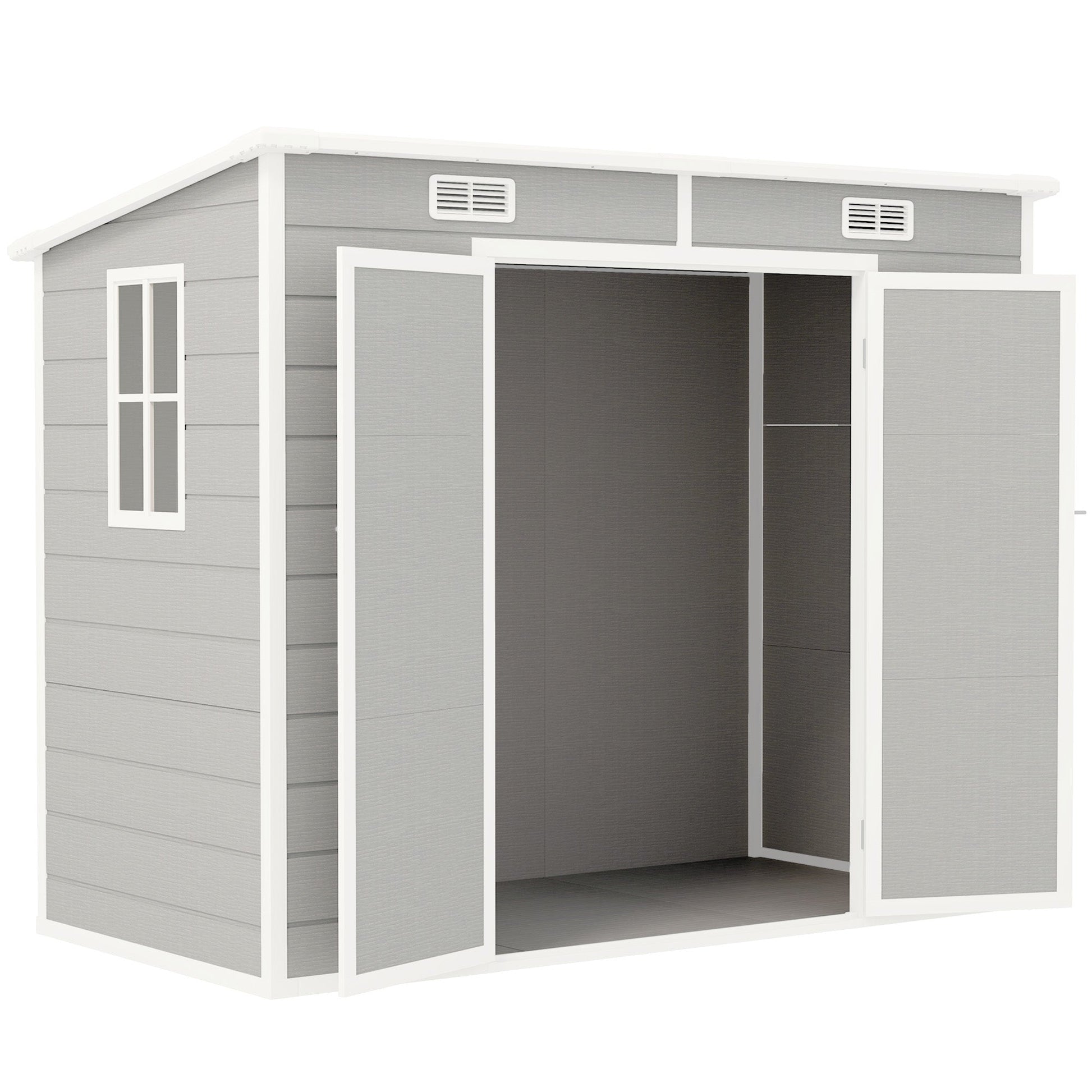 8' x 4' Outdoor Storage Shed, Resin Plastic Shed with Floor, Window, Lockable Doors and Vents, All-Weather Garden Shed for Backyard, Patio, Lawn, Light Grey
