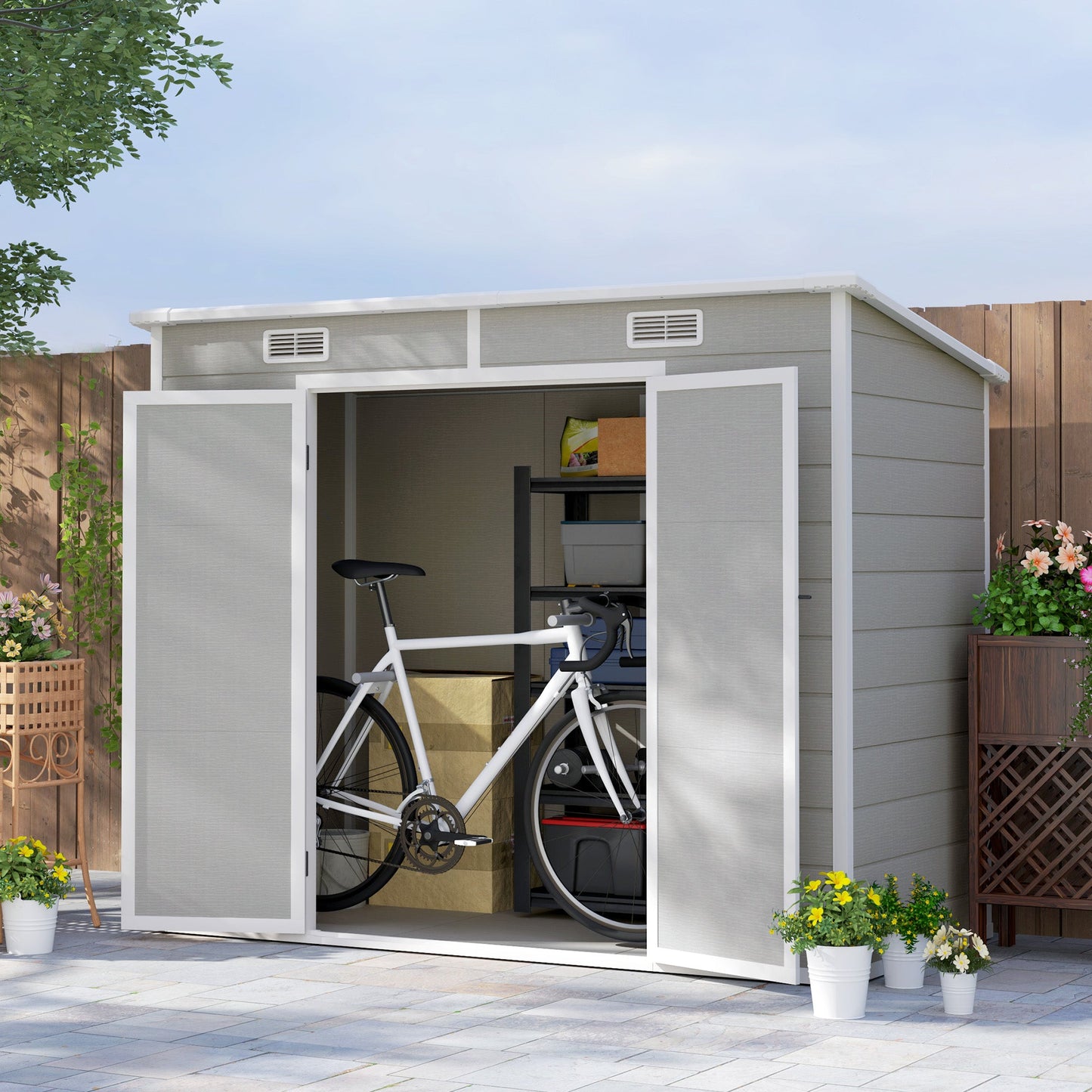 8' x 4' Outdoor Storage Shed, Resin Plastic Shed with Floor, Window, Lockable Doors and Vents, All-Weather Garden Shed for Backyard, Patio, Lawn, Light Grey
