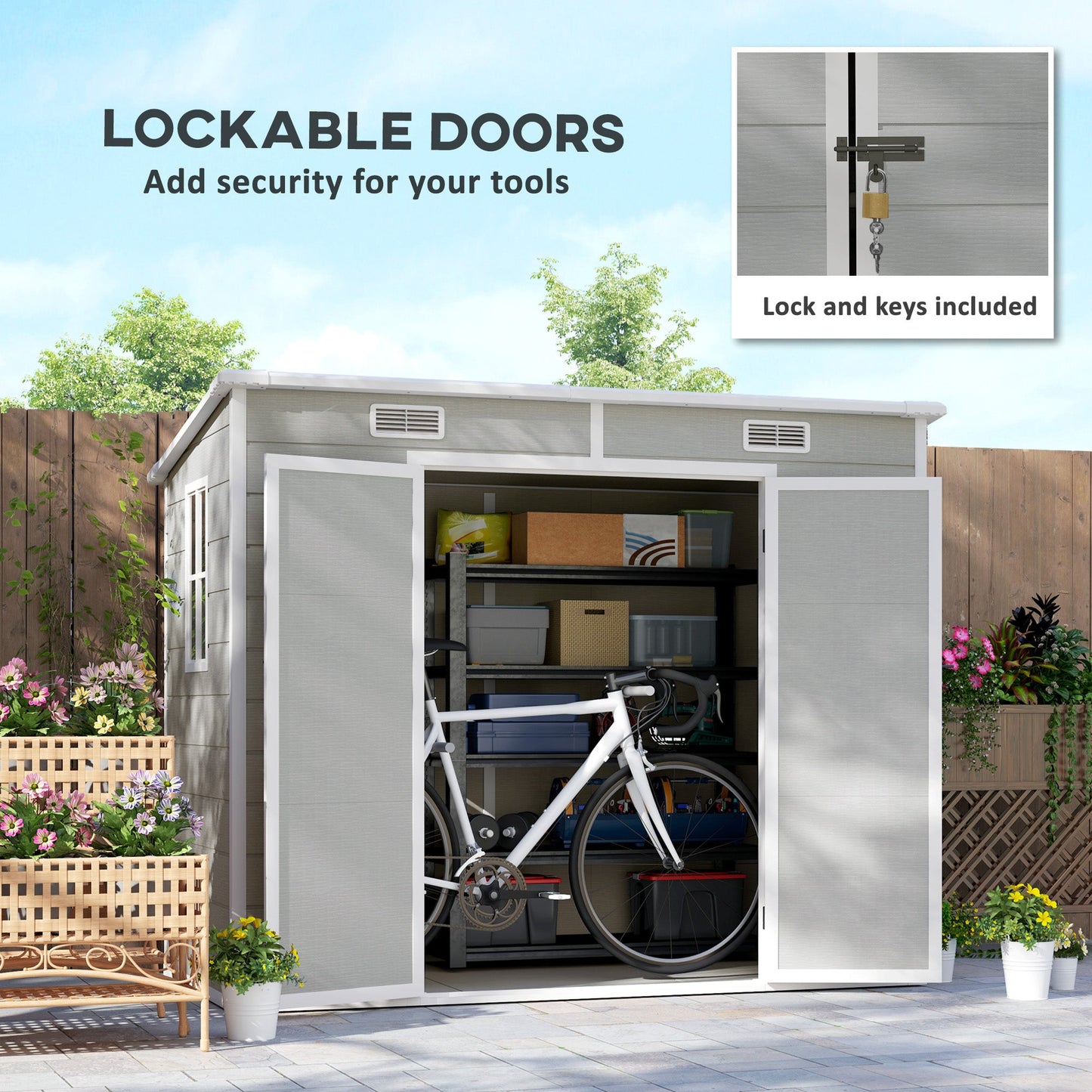 8' x 4' Outdoor Storage Shed, Resin Plastic Shed with Floor, Window, Lockable Doors and Vents, All-Weather Garden Shed for Backyard, Patio, Lawn, Light Grey