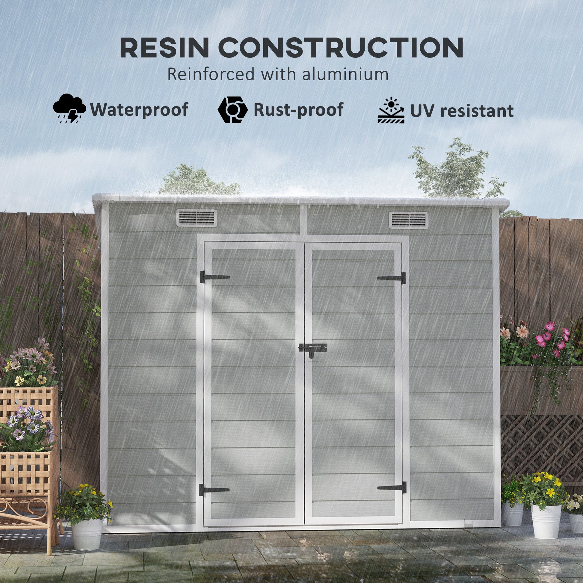 8' x 4' Outdoor Storage Shed, Resin Plastic Shed with Floor, Window, Lockable Doors and Vents, All-Weather Garden Shed for Backyard, Patio, Lawn, Light Grey