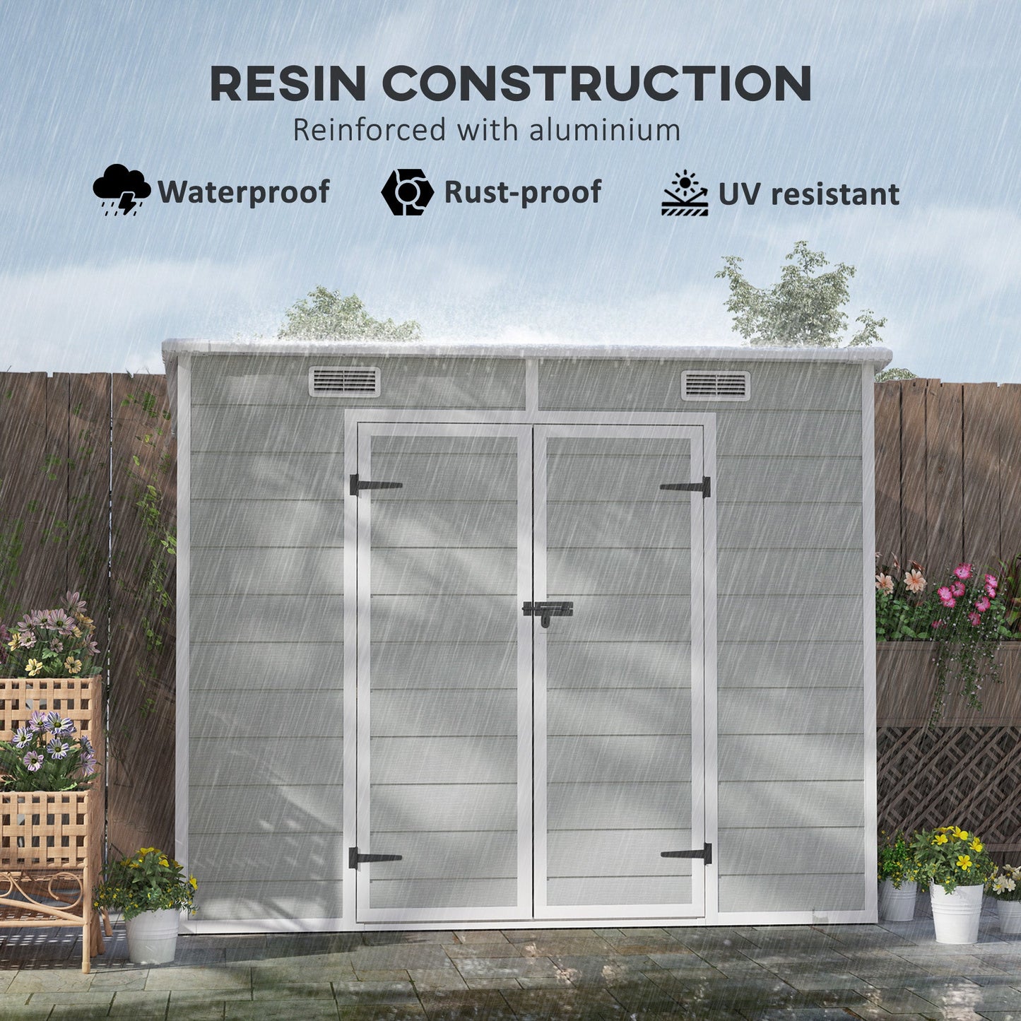 8' x 4' Outdoor Storage Shed, Resin Plastic Shed with Floor, Window, Lockable Doors and Vents, All-Weather Garden Shed for Backyard, Patio, Lawn, Light Grey