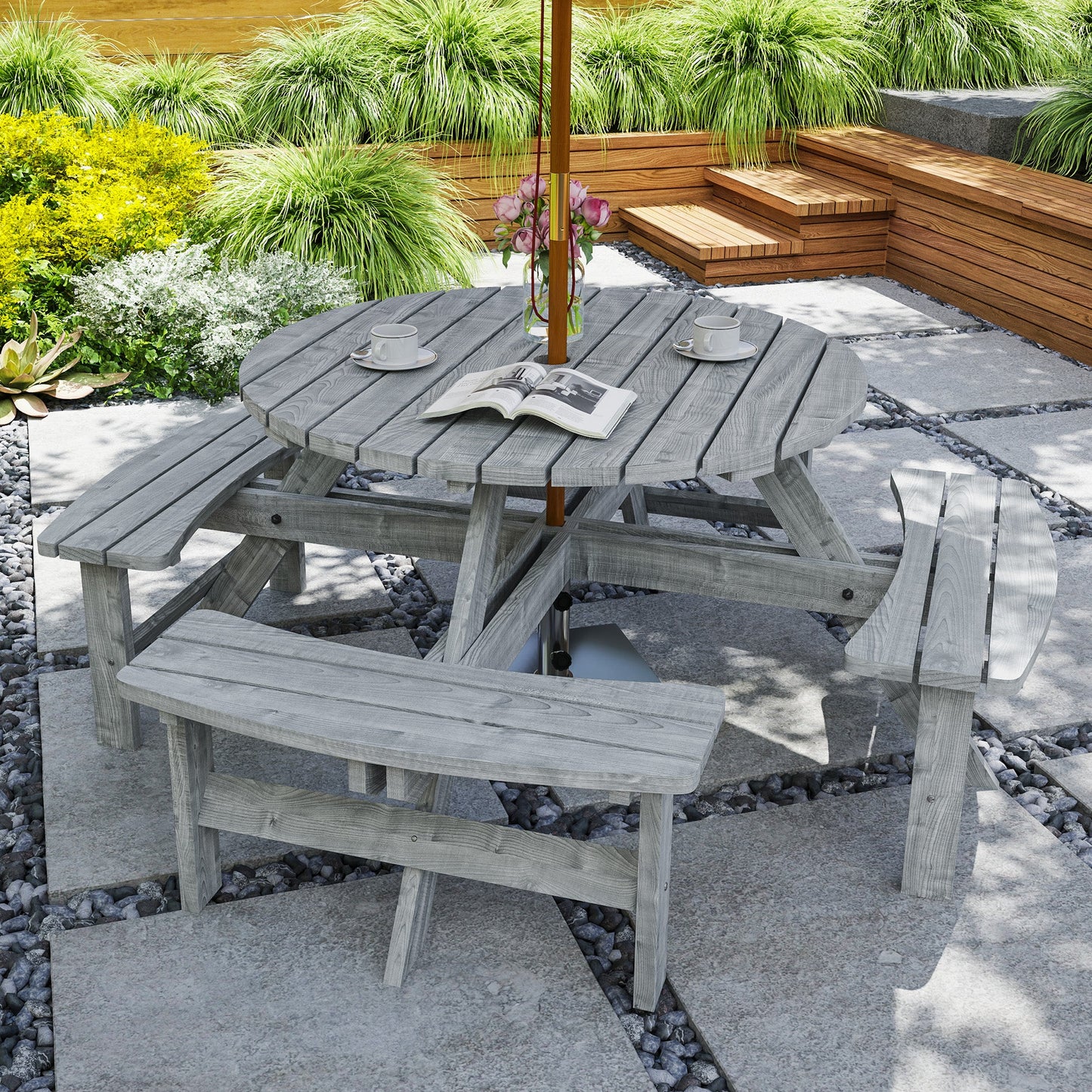 Wooden Patio Dining Set for 8 People, Outdoor Table and Benches Set with 4 Double-Seat Benches & Round Picnic Table (Umbrella Not Included), Φ70.1" x 27.6" H, Grey