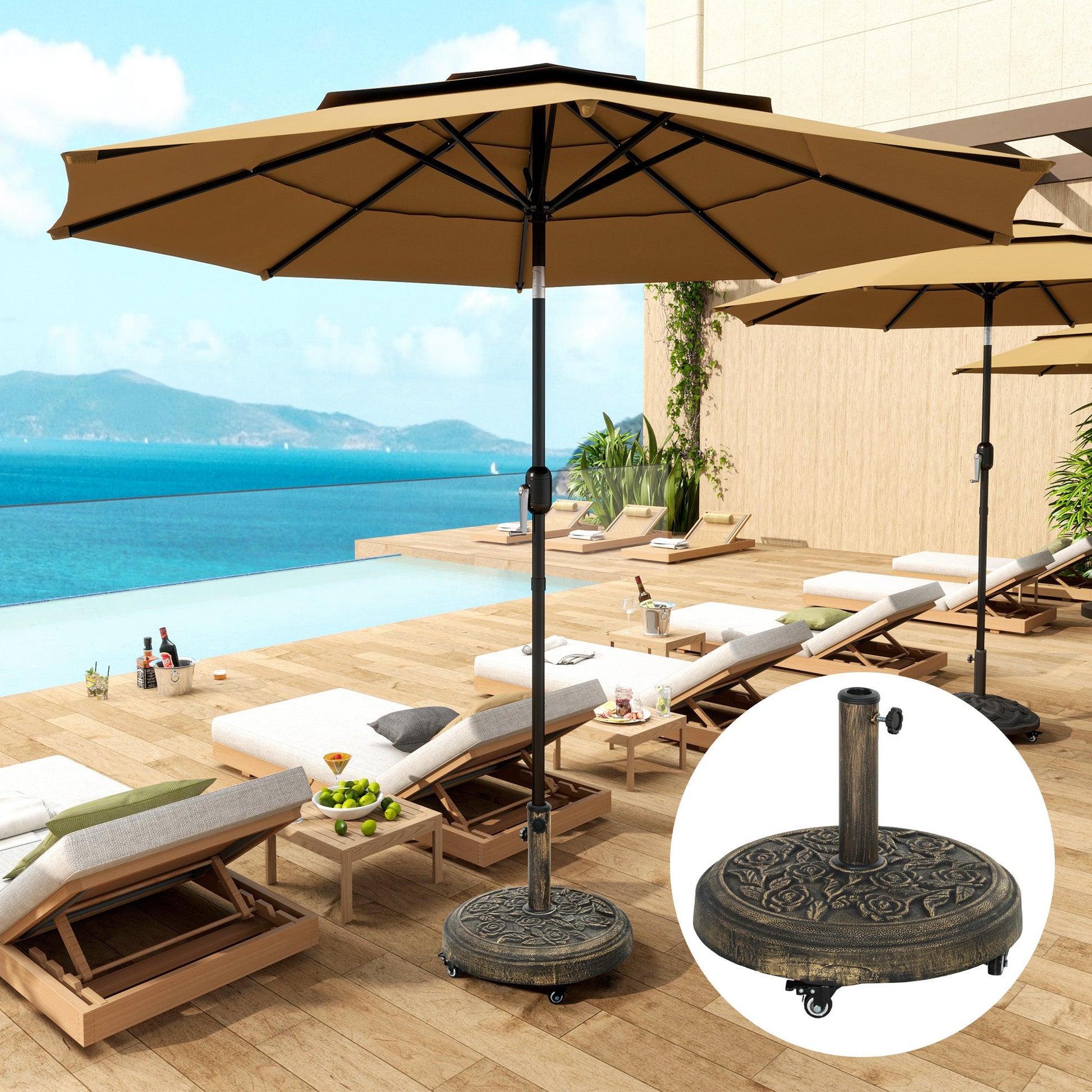 Round Patio Umbrella Base, 46 lbs Resin Umbrella Stand with Wheels, Outdoor Umbrella Stand for 1.3"/1.5"/1.9" Umbrella Poles for Outdoor, Lawn, Poolside, Bronze