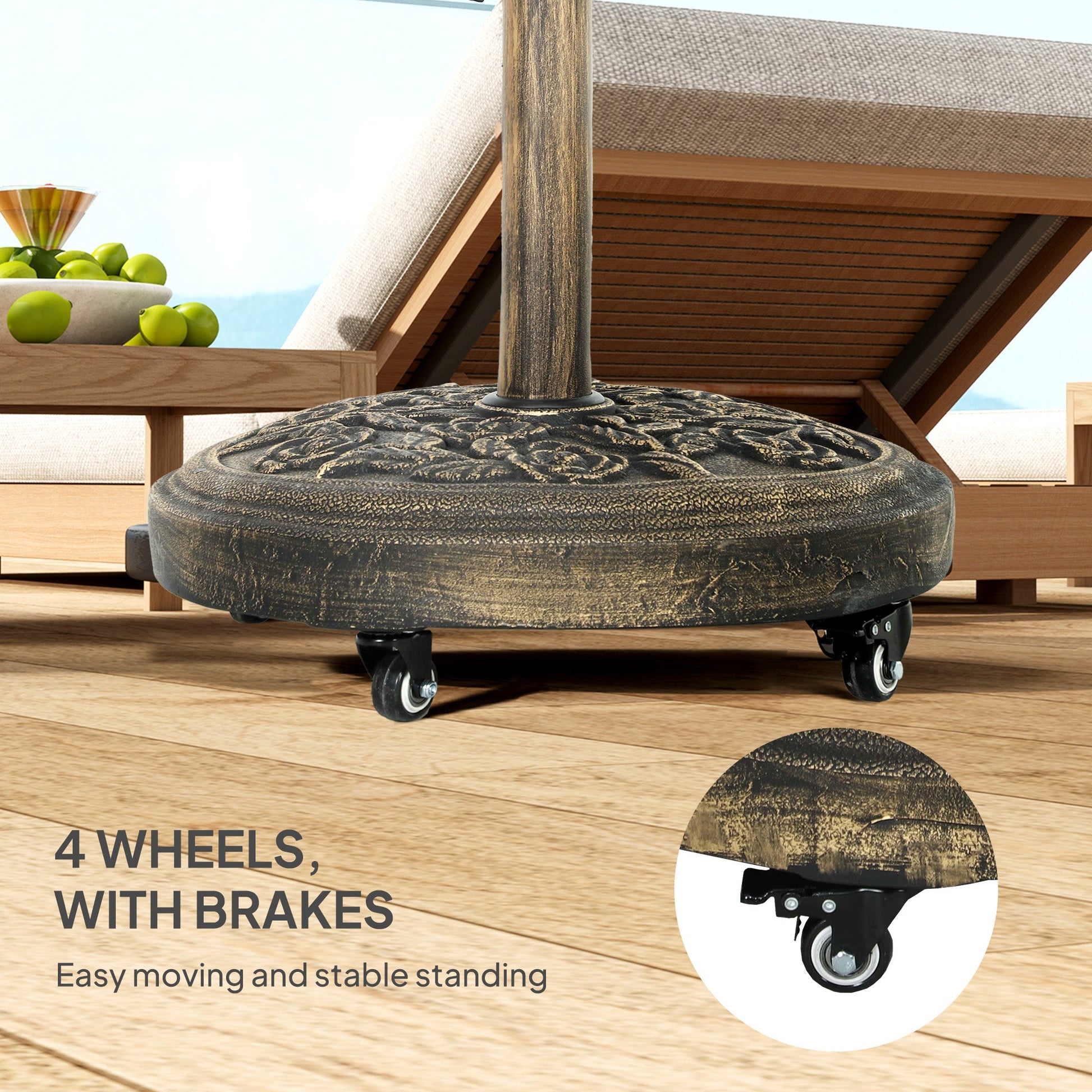 Round Patio Umbrella Base, 46 lbs Resin Umbrella Stand with Wheels, Outdoor Umbrella Stand for 1.3"/1.5"/1.9" Umbrella Poles for Outdoor, Lawn, Poolside, Bronze