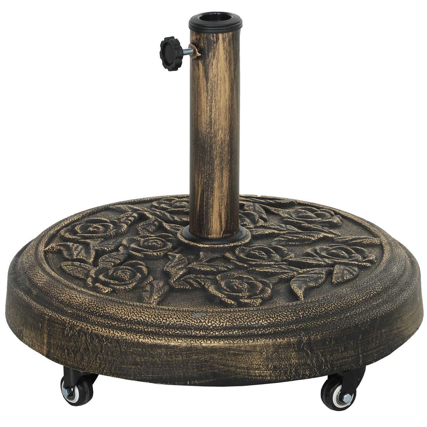 Round Patio Umbrella Base, 46 lbs Resin Umbrella Stand with Wheels, Outdoor Umbrella Stand for 1.3"/1.5"/1.9" Umbrella Poles for Outdoor, Lawn, Poolside, Bronze