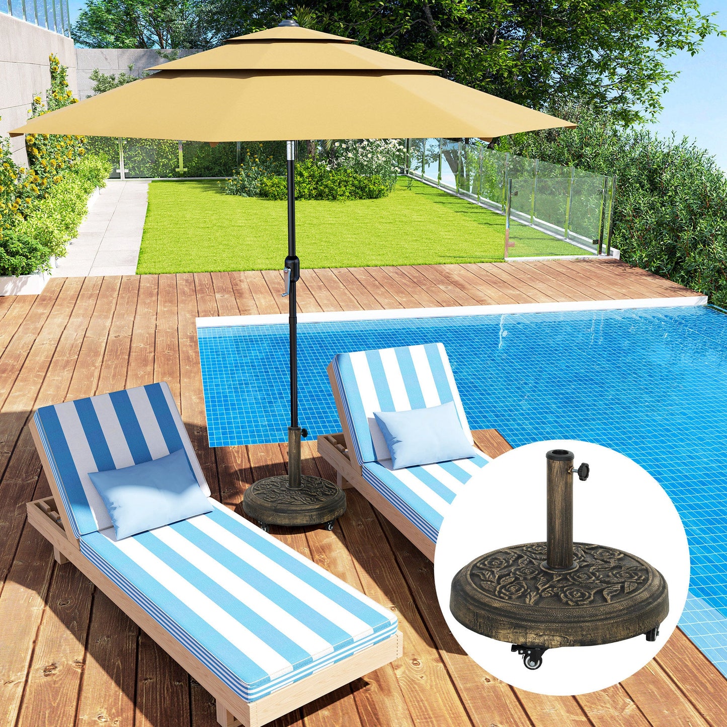 Round Patio Umbrella Base, 46 lbs Resin Umbrella Stand with Wheels, Outdoor Umbrella Stand for 1.3"/1.5"/1.9" Umbrella Poles for Outdoor, Lawn, Poolside, Bronze