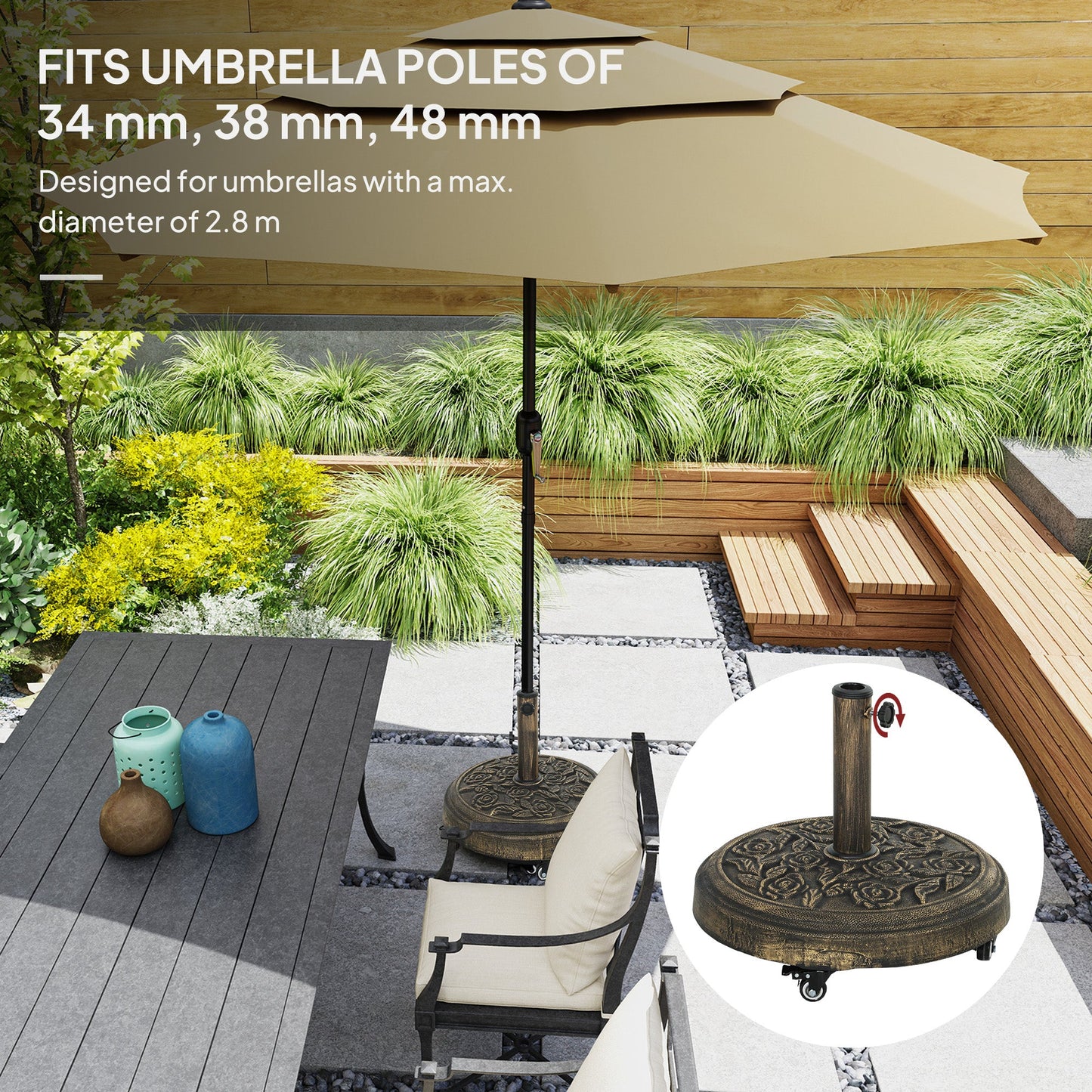 Round Patio Umbrella Base, 46 lbs Resin Umbrella Stand with Wheels, Outdoor Umbrella Stand for 1.3"/1.5"/1.9" Umbrella Poles for Outdoor, Lawn, Poolside, Bronze