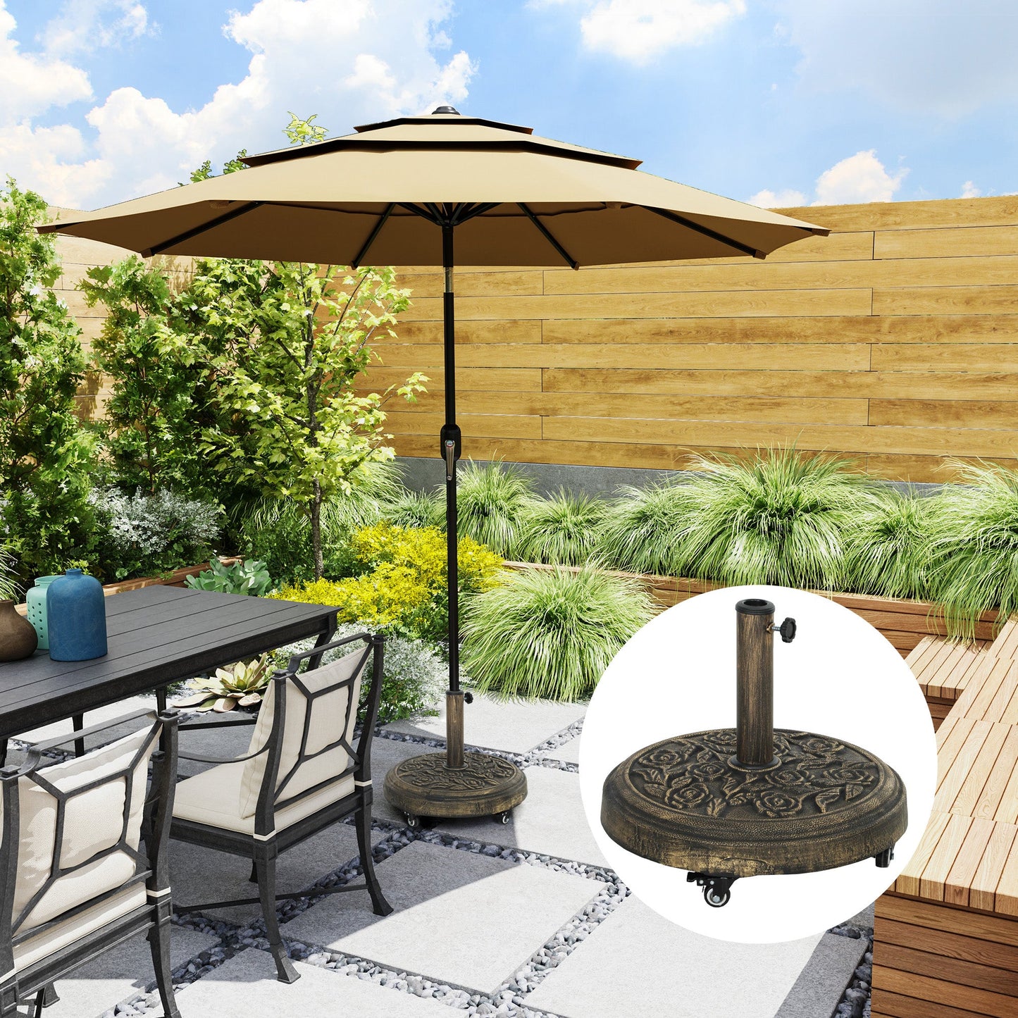 Round Patio Umbrella Base, 46 lbs Resin Umbrella Stand with Wheels, Outdoor Umbrella Stand for 1.3"/1.5"/1.9" Umbrella Poles for Outdoor, Lawn, Poolside, Bronze