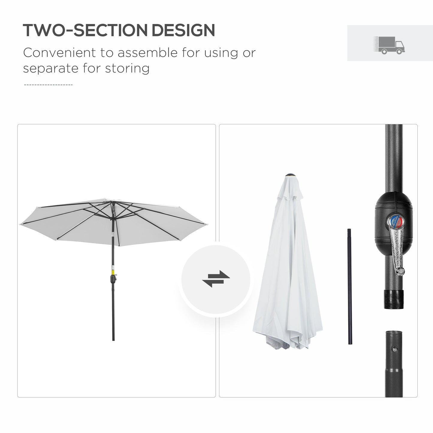 10' x 8' Round Market Umbrella, Patio Umbrella with Crank Handle and Tilt, Outdoor Parasol for Garden, Bench, Lawn, White