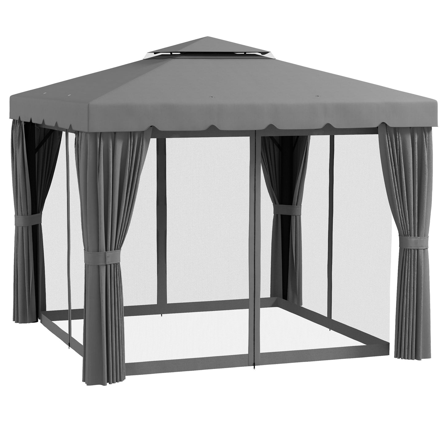 10' x 10' Outdoor Patio Gazebo Double Soft-top Garden Shelter Tent with Beautiful Polyester Curtains, & Mesh Screen Drapes, Light Grey