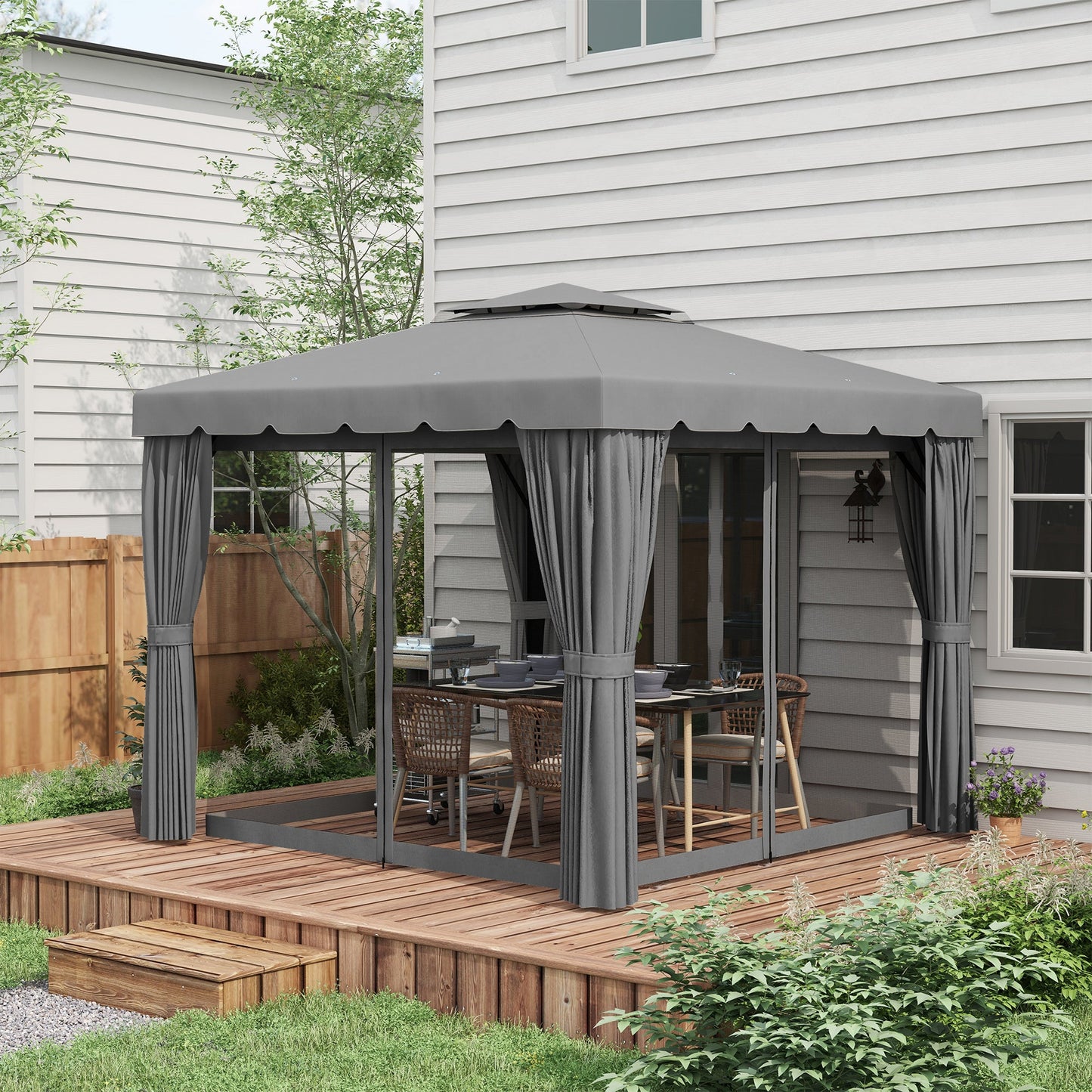 10' x 10' Outdoor Patio Gazebo Double Soft-top Garden Shelter Tent with Beautiful Polyester Curtains, & Mesh Screen Drapes, Light Grey