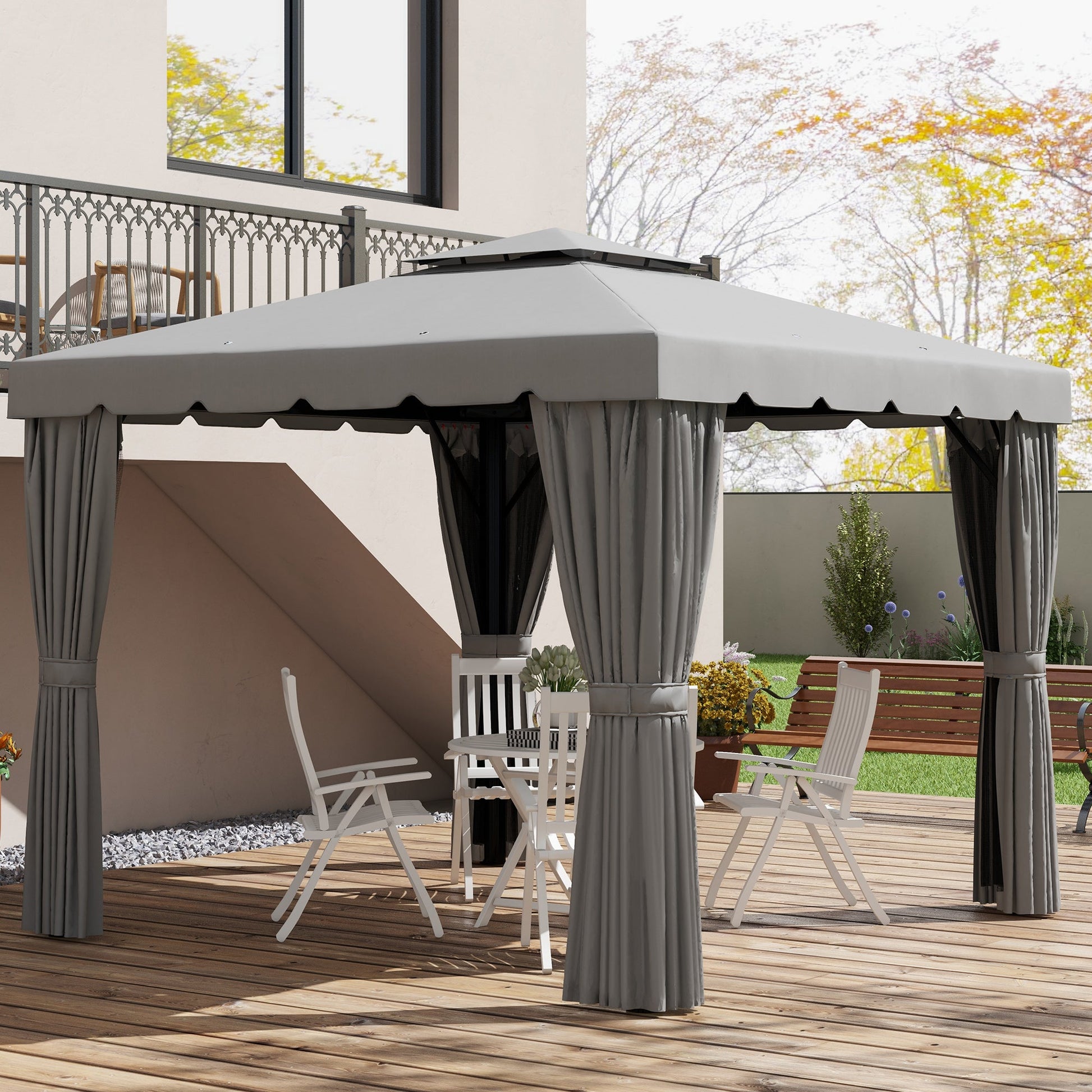 10' x 10' Outdoor Patio Gazebo Double Soft-top Garden Shelter Tent with Beautiful Polyester Curtains, & Mesh Screen Drapes, Light Grey