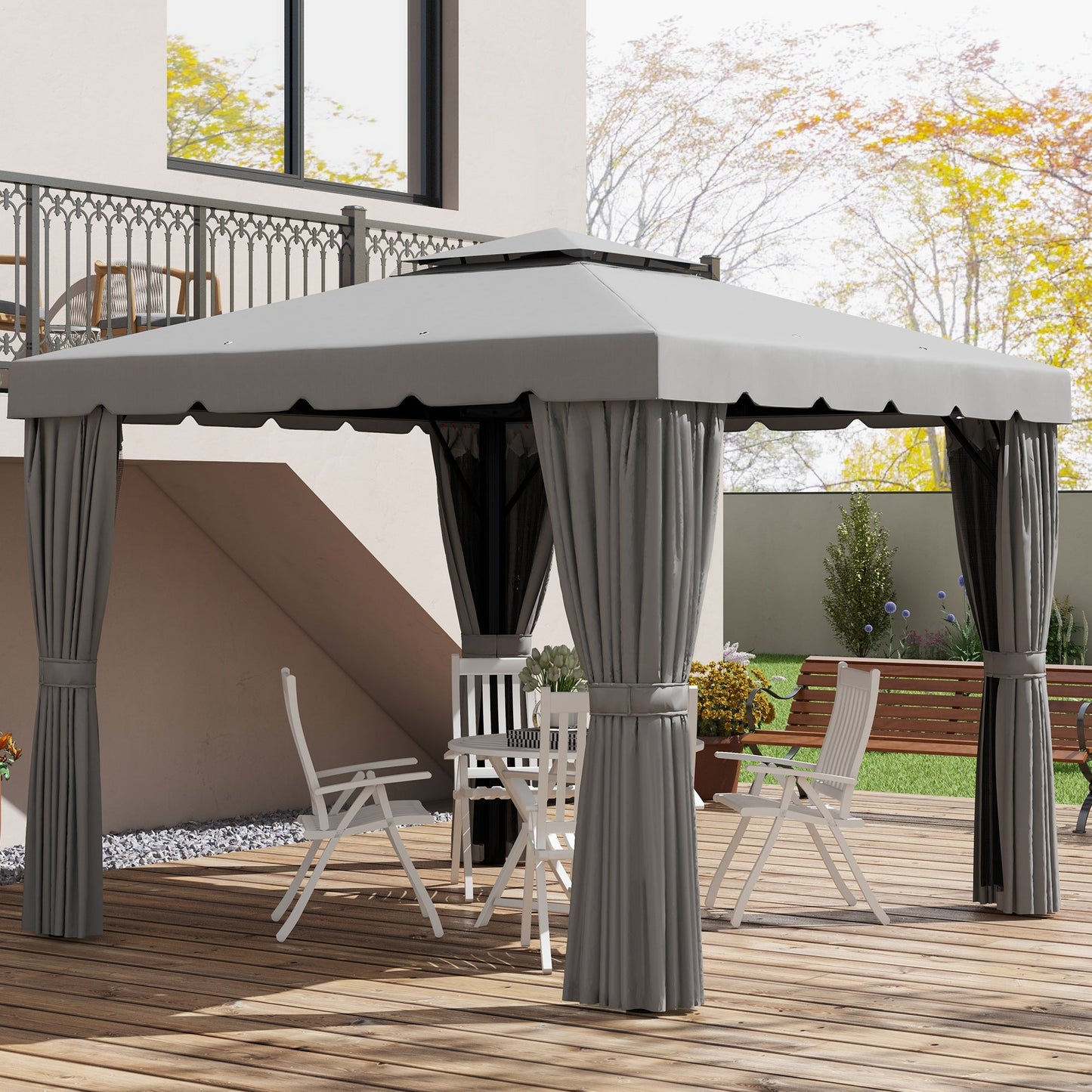 10' x 10' Outdoor Patio Gazebo Double Soft-top Garden Shelter Tent with Beautiful Polyester Curtains, & Mesh Screen Drapes, Light Grey