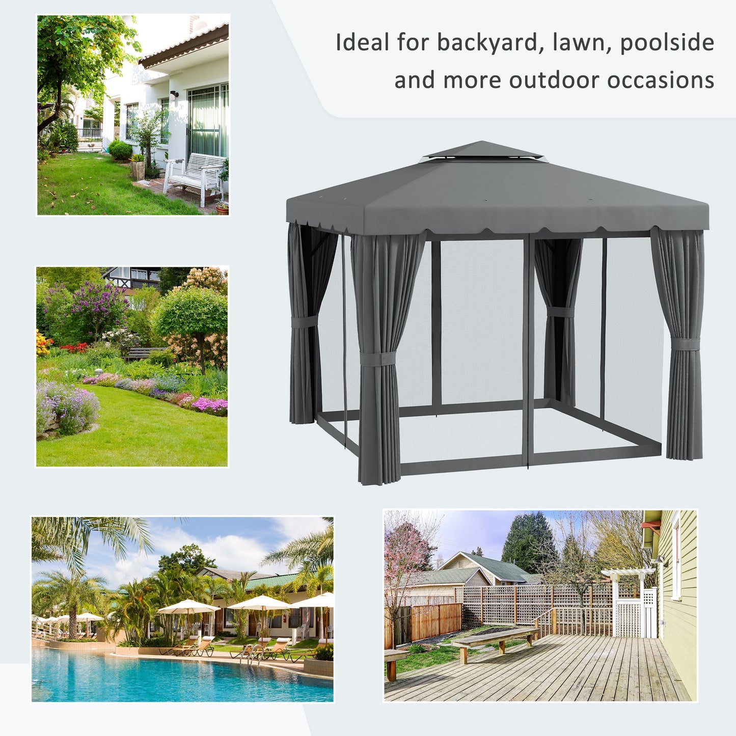10' x 10' Outdoor Patio Gazebo Double Soft-top Garden Shelter Tent with Beautiful Polyester Curtains, & Mesh Screen Drapes, Light Grey