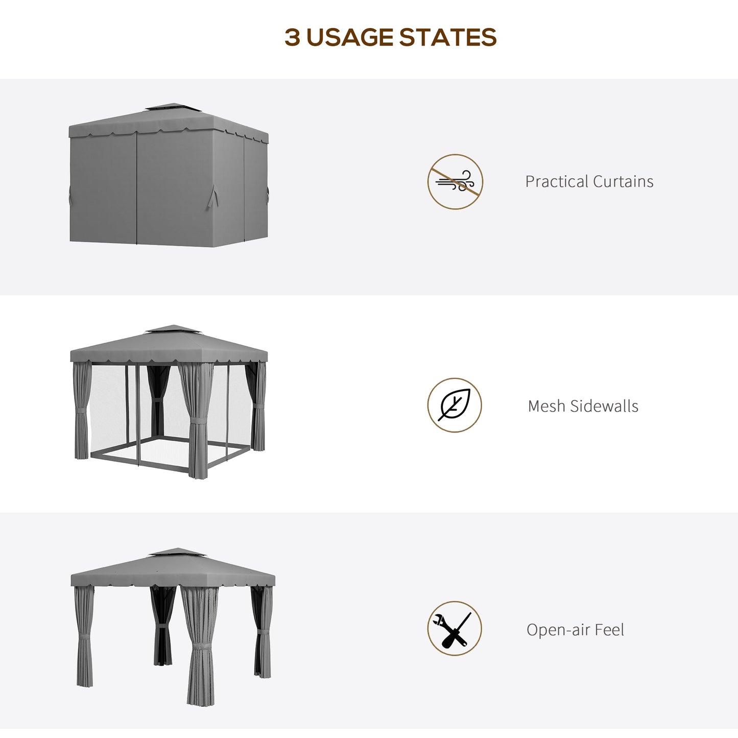 10' x 10' Outdoor Patio Gazebo Double Soft-top Garden Shelter Tent with Beautiful Polyester Curtains, & Mesh Screen Drapes, Light Grey