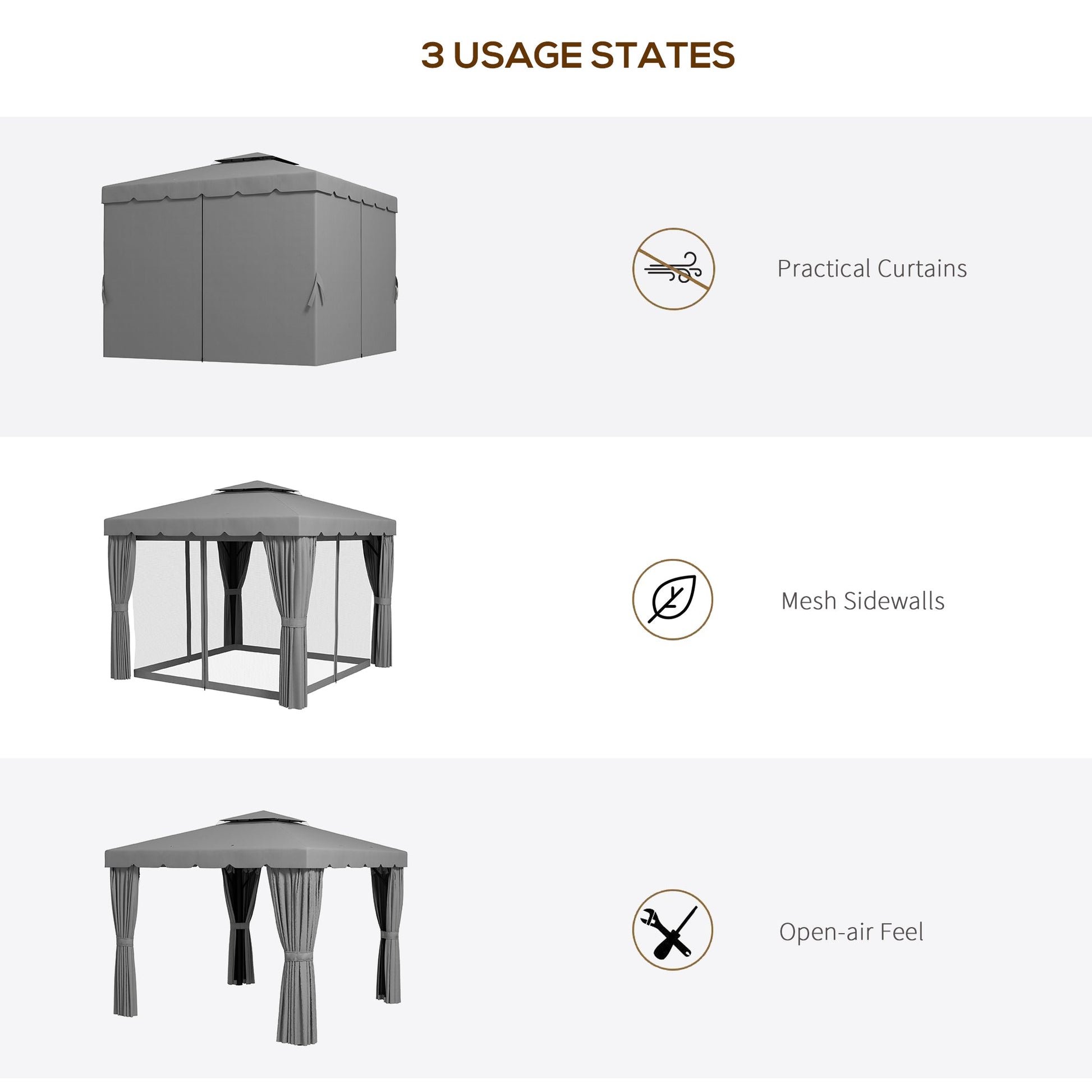 10' x 10' Outdoor Patio Gazebo Double Soft-top Garden Shelter Tent with Beautiful Polyester Curtains, & Mesh Screen Drapes, Light Grey