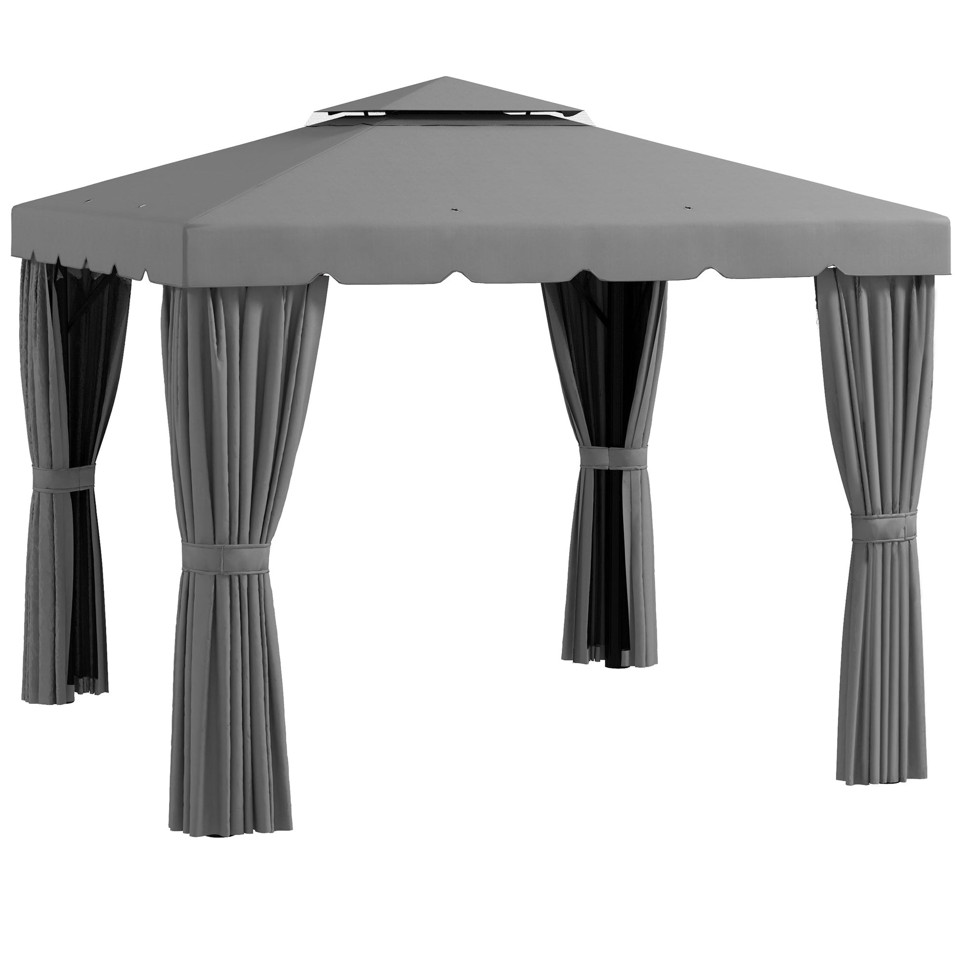 10' x 10' Outdoor Patio Gazebo Double Soft-top Garden Shelter Tent with Beautiful Polyester Curtains, & Mesh Screen Drapes, Light Grey