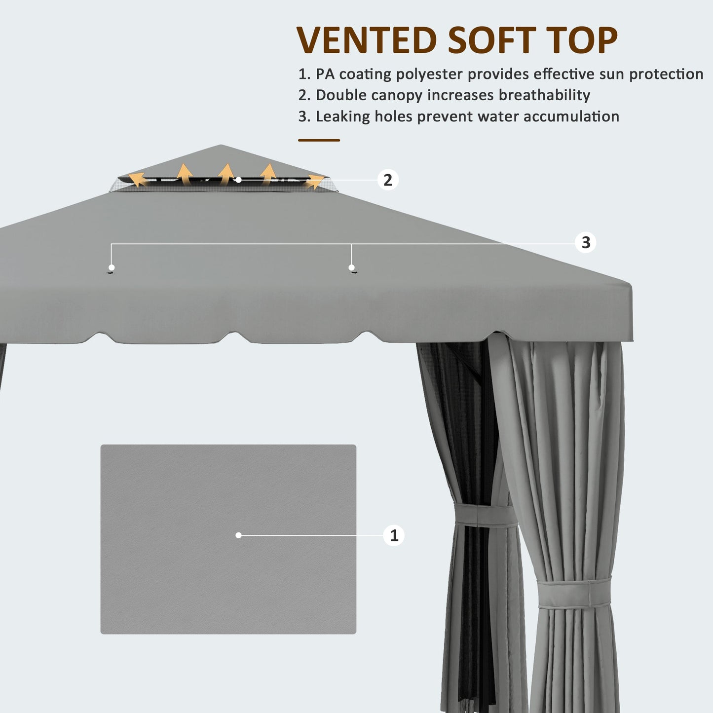 10' x 10' Outdoor Patio Gazebo Double Soft-top Garden Shelter Tent with Beautiful Polyester Curtains, & Mesh Screen Drapes, Light Grey