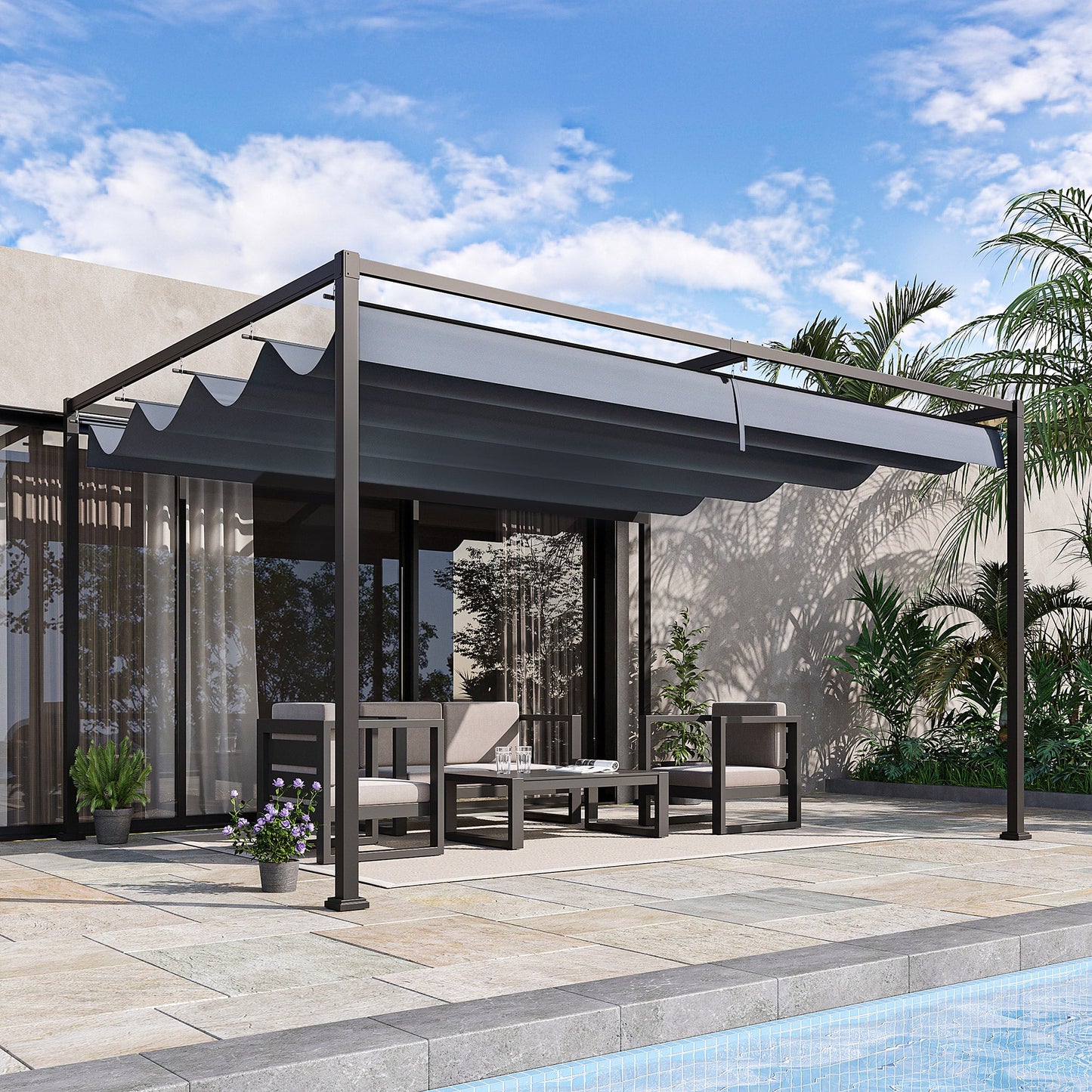 13' x 10' Patio Pergola with Retractable Canopy, Outdoor Sun Shelter, Yard Shade, Dark Grey