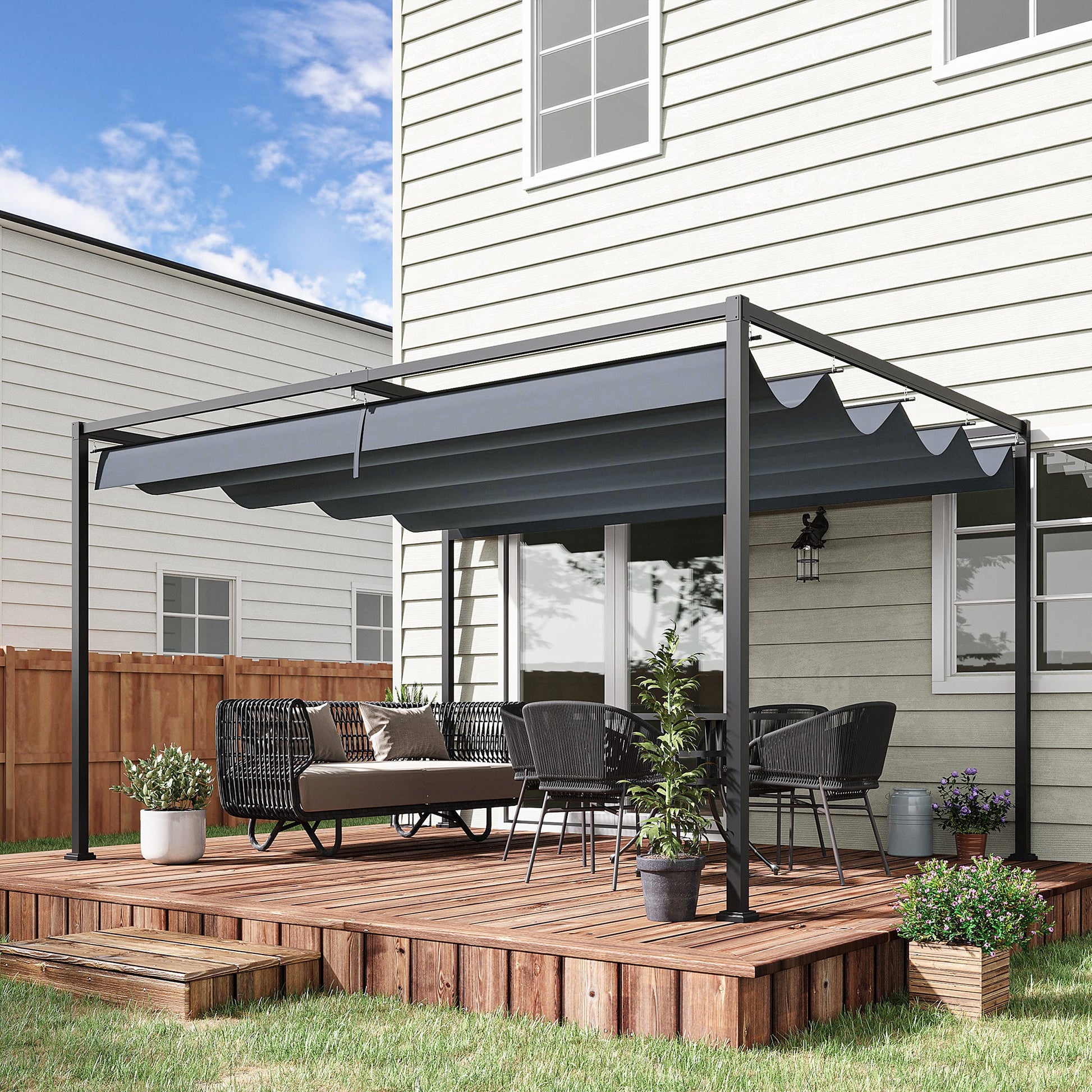 13' x 10' Patio Pergola with Retractable Canopy, Outdoor Sun Shelter, Yard Shade, Dark Grey