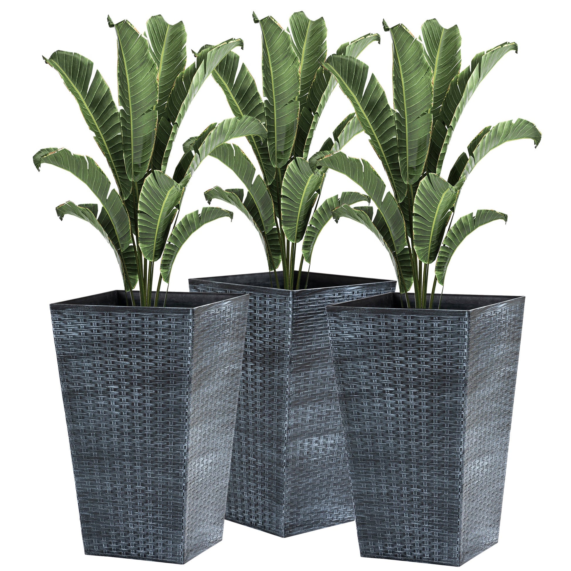 Set of 3 Tall Planters for Outdoor Plants with Drainage Hole, Indoor Outdoor Planter Flower Pot Set for Front Door, Entryway, Patio and Deck, Mixed Grey