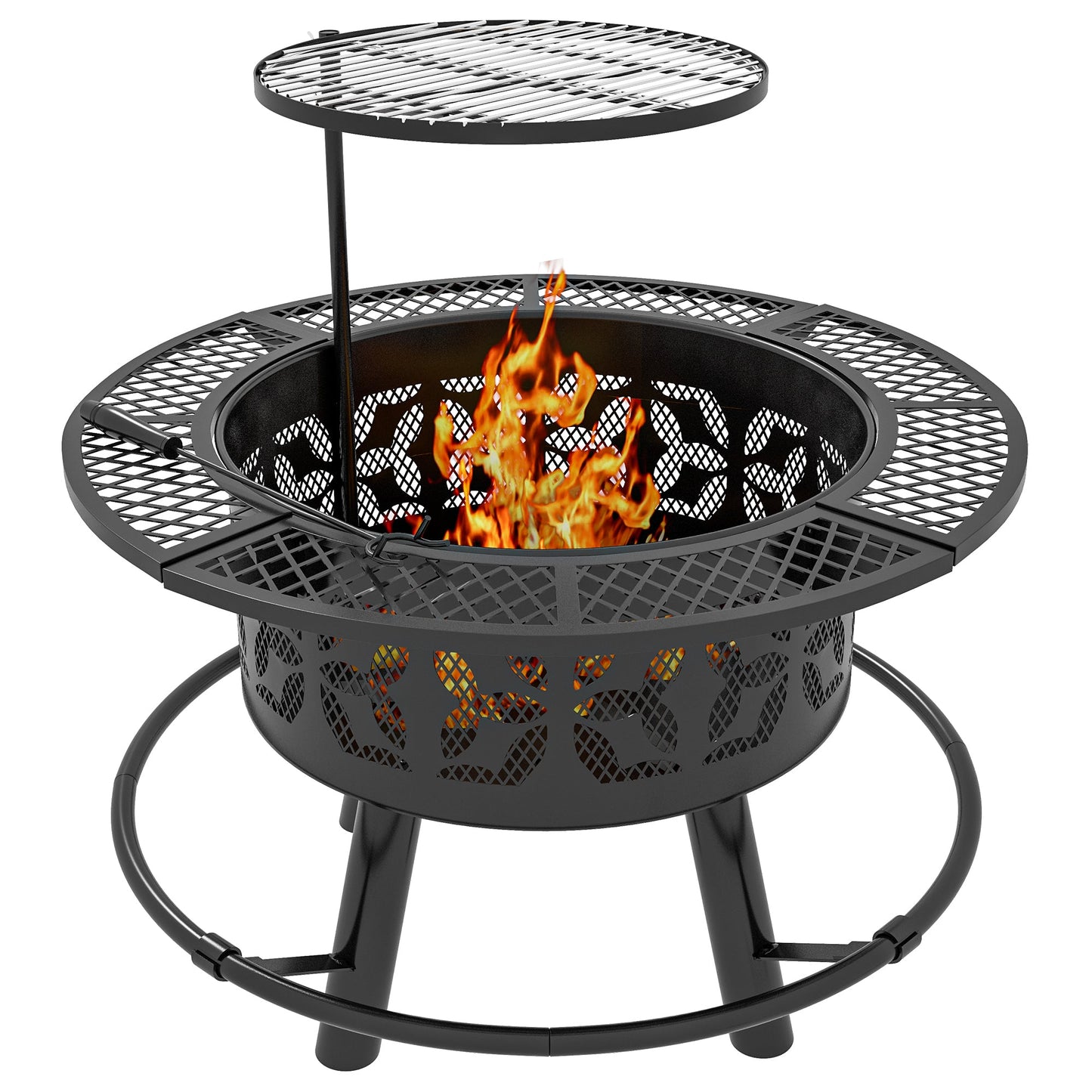 2-in-1 Fire Pit, Charcoal BBQ Grill, 33" Portable Wood Burning Firepit with Adjustable Cooking Grate, Pan and Poker, Camping Bonfire Stove, Black