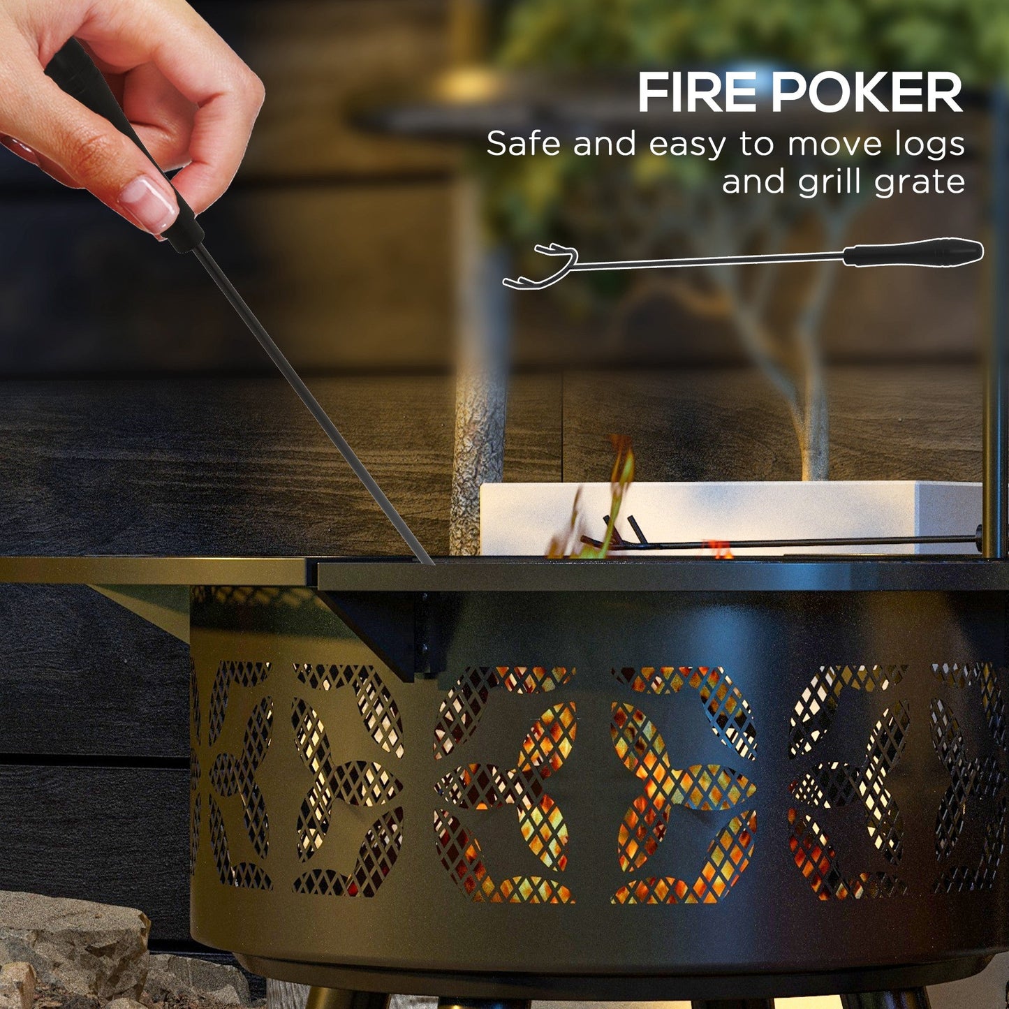 2-in-1 Fire Pit, Charcoal BBQ Grill, 33" Portable Wood Burning Firepit with Adjustable Cooking Grate, Pan and Poker, Camping Bonfire Stove, Black
