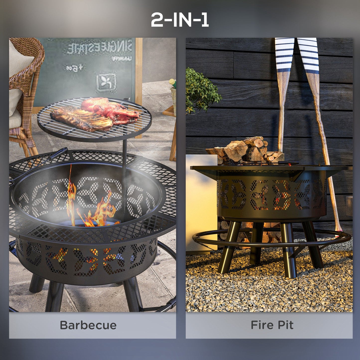 2-in-1 Fire Pit, Charcoal BBQ Grill, 33" Portable Wood Burning Firepit with Adjustable Cooking Grate, Pan and Poker, Camping Bonfire Stove, Black