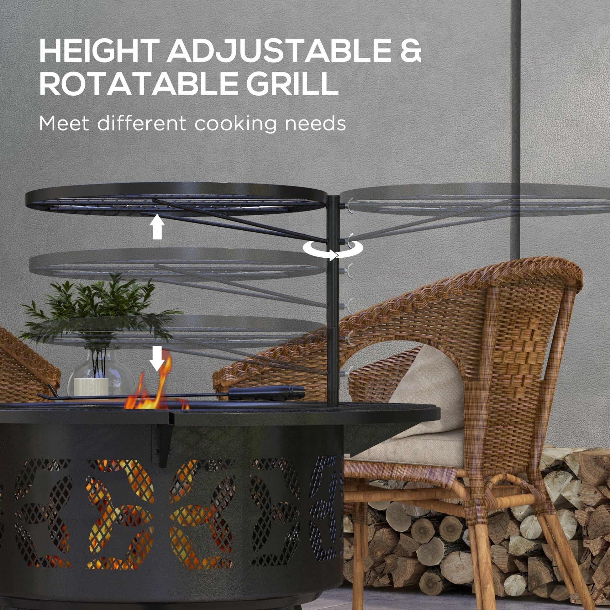 2-in-1 Fire Pit, Charcoal BBQ Grill, 33" Portable Wood Burning Firepit with Adjustable Cooking Grate, Pan and Poker, Camping Bonfire Stove, Black