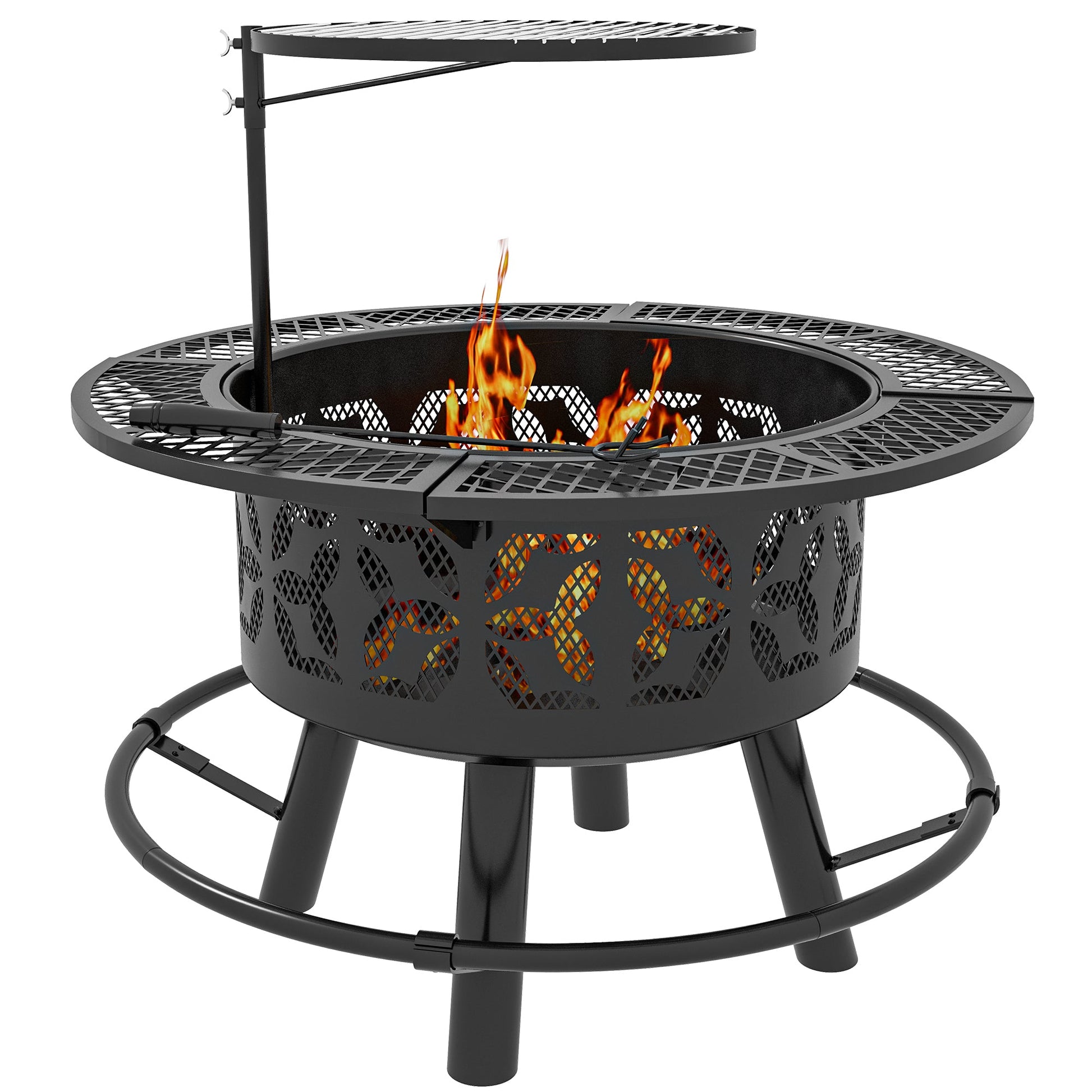 2-in-1 Fire Pit, Charcoal BBQ Grill, 33" Portable Wood Burning Firepit with Adjustable Cooking Grate, Pan and Poker, Camping Bonfire Stove, Black