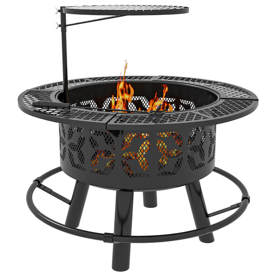 2-in-1 Fire Pit, Charcoal BBQ Grill, 33" Portable Wood Burning Firepit with Adjustable Cooking Grate, Pan and Poker, Camping Bonfire Stove, Black