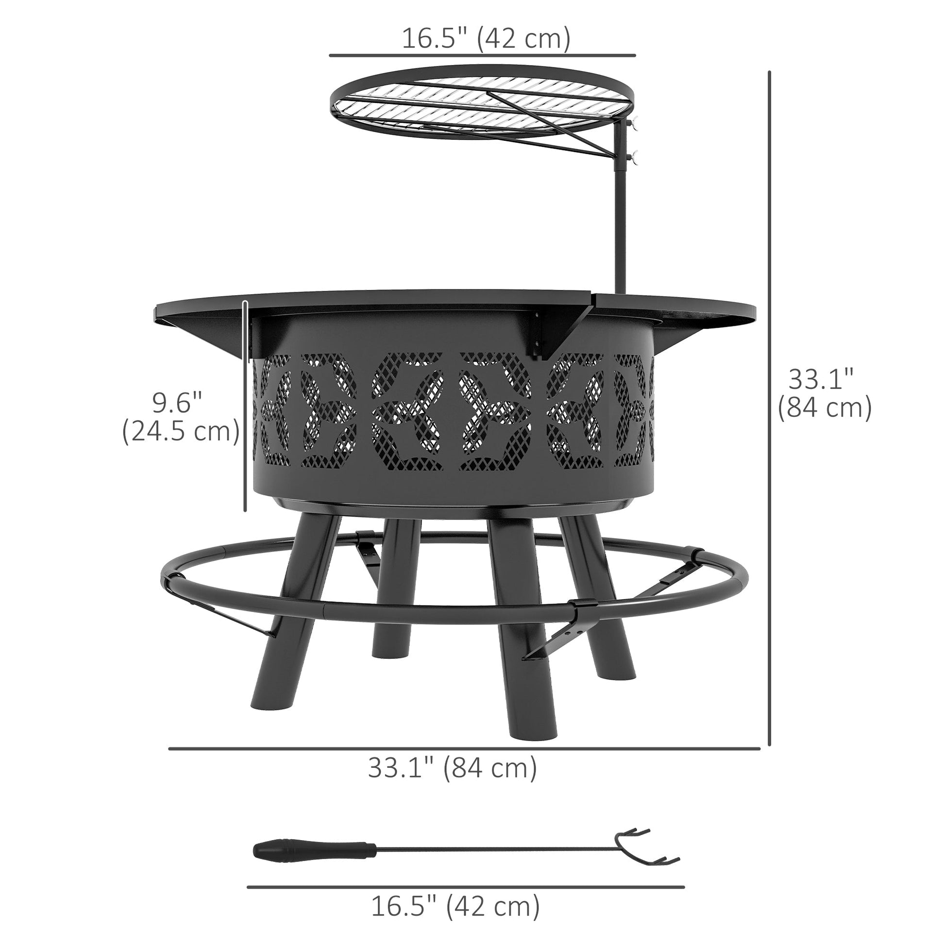 2-in-1 Fire Pit, Charcoal BBQ Grill, 33" Portable Wood Burning Firepit with Adjustable Cooking Grate, Pan and Poker, Camping Bonfire Stove, Black