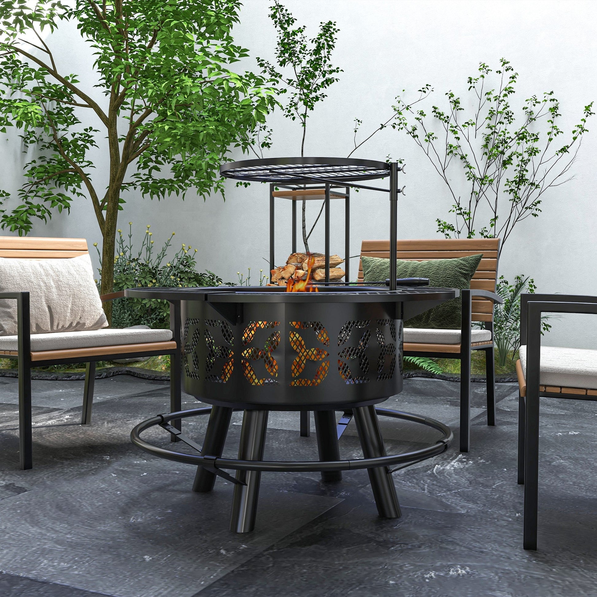 2-in-1 Fire Pit, Charcoal BBQ Grill, 33" Portable Wood Burning Firepit with Adjustable Cooking Grate, Pan and Poker, Camping Bonfire Stove, Black