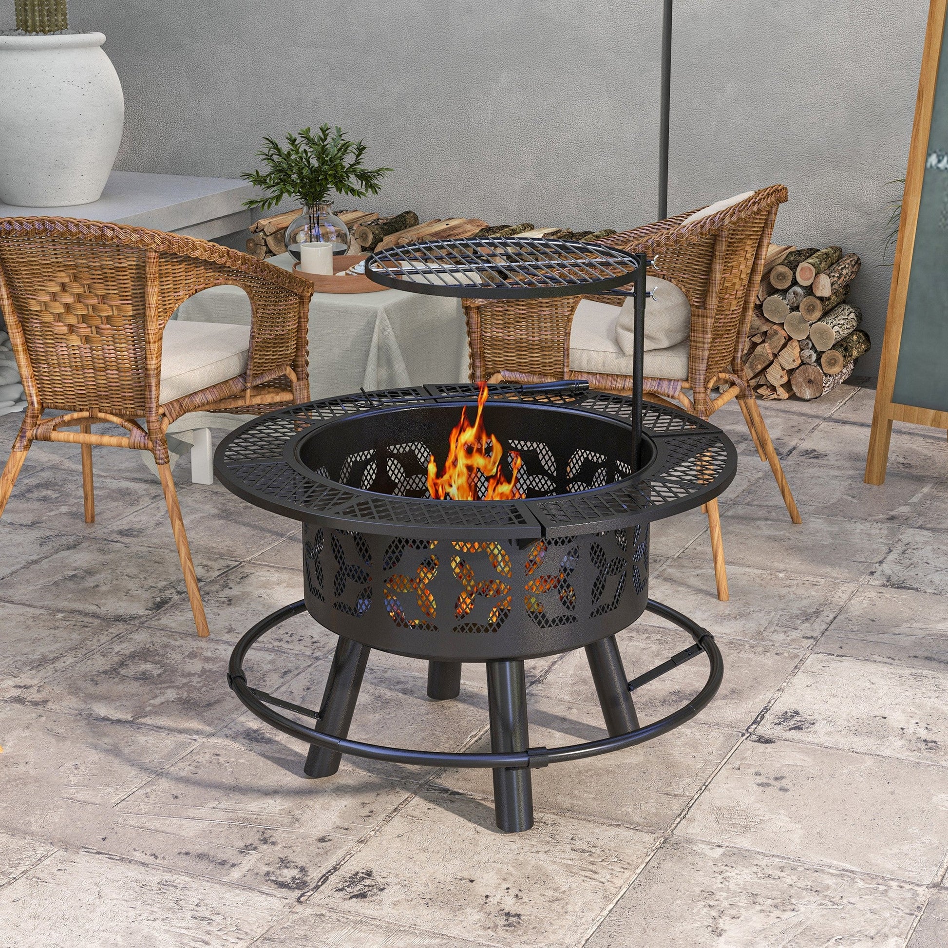 2-in-1 Fire Pit, Charcoal BBQ Grill, 33" Portable Wood Burning Firepit with Adjustable Cooking Grate, Pan and Poker, Camping Bonfire Stove, Black