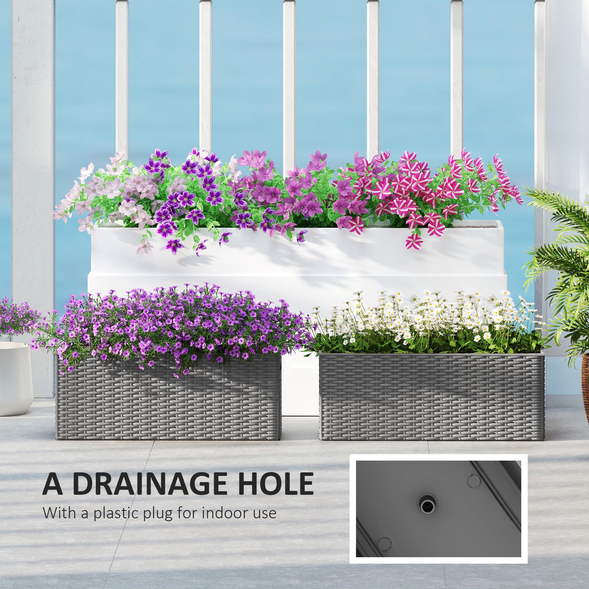 2 Pack Railing Planter Box, 20 Inch Hanging Flower Pots with Hooks and Drainage Hole, Rectangular Planters for Fence, Balcony, Garden, Patio, Rattan Look, Grey