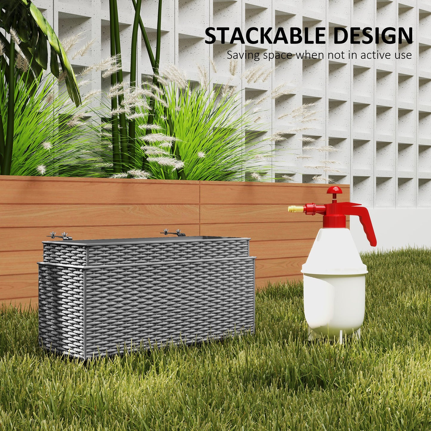 2 Pack Railing Planter Box, 20 Inch Hanging Flower Pots with Hooks and Drainage Hole, Rectangular Planters for Fence, Balcony, Garden, Patio, Rattan Look, Grey