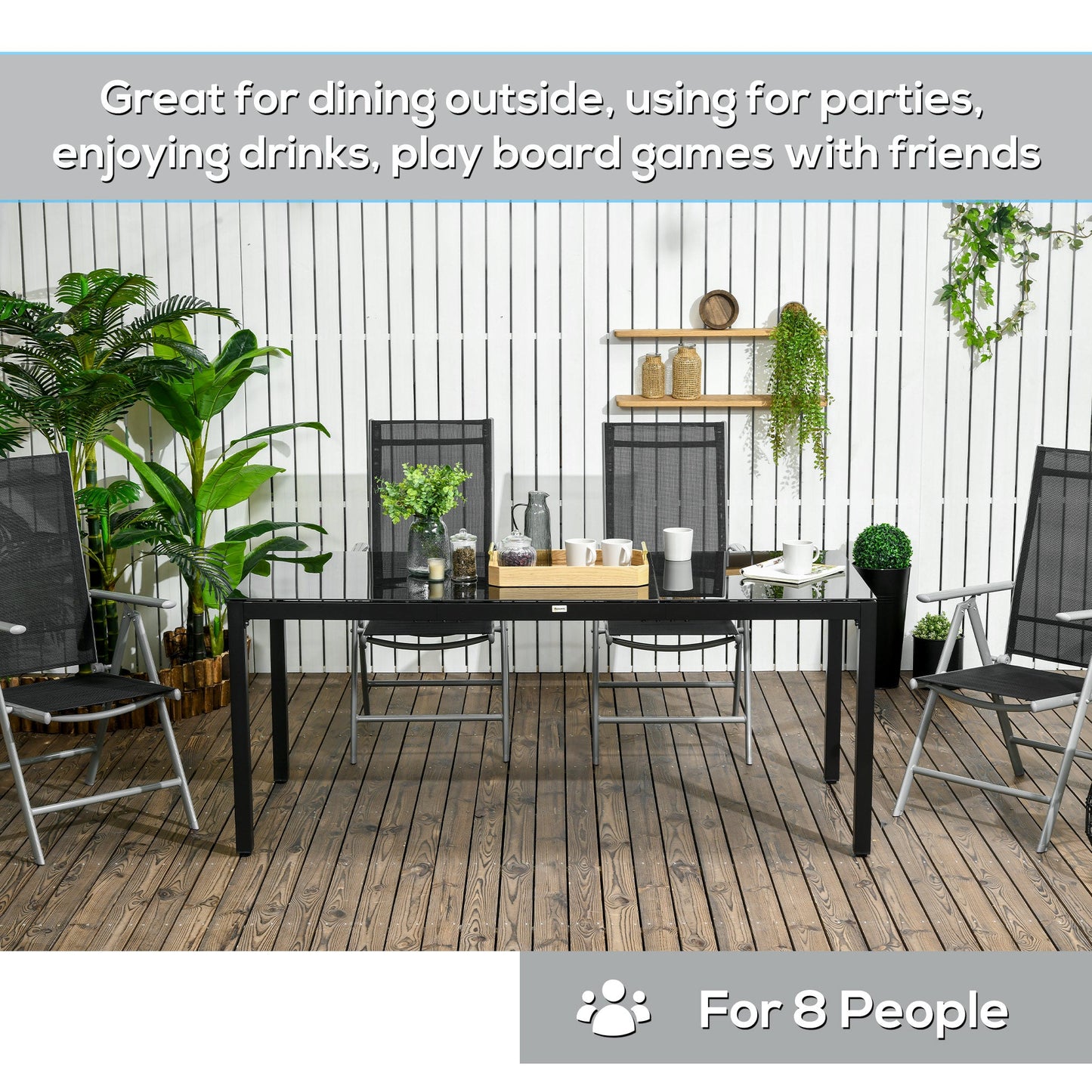 Rectangular Outdoor Dining Table for 8 People with Tempered Glass Top and Aluminum Frame, Black 70.9" x 31.5" x 28.3"