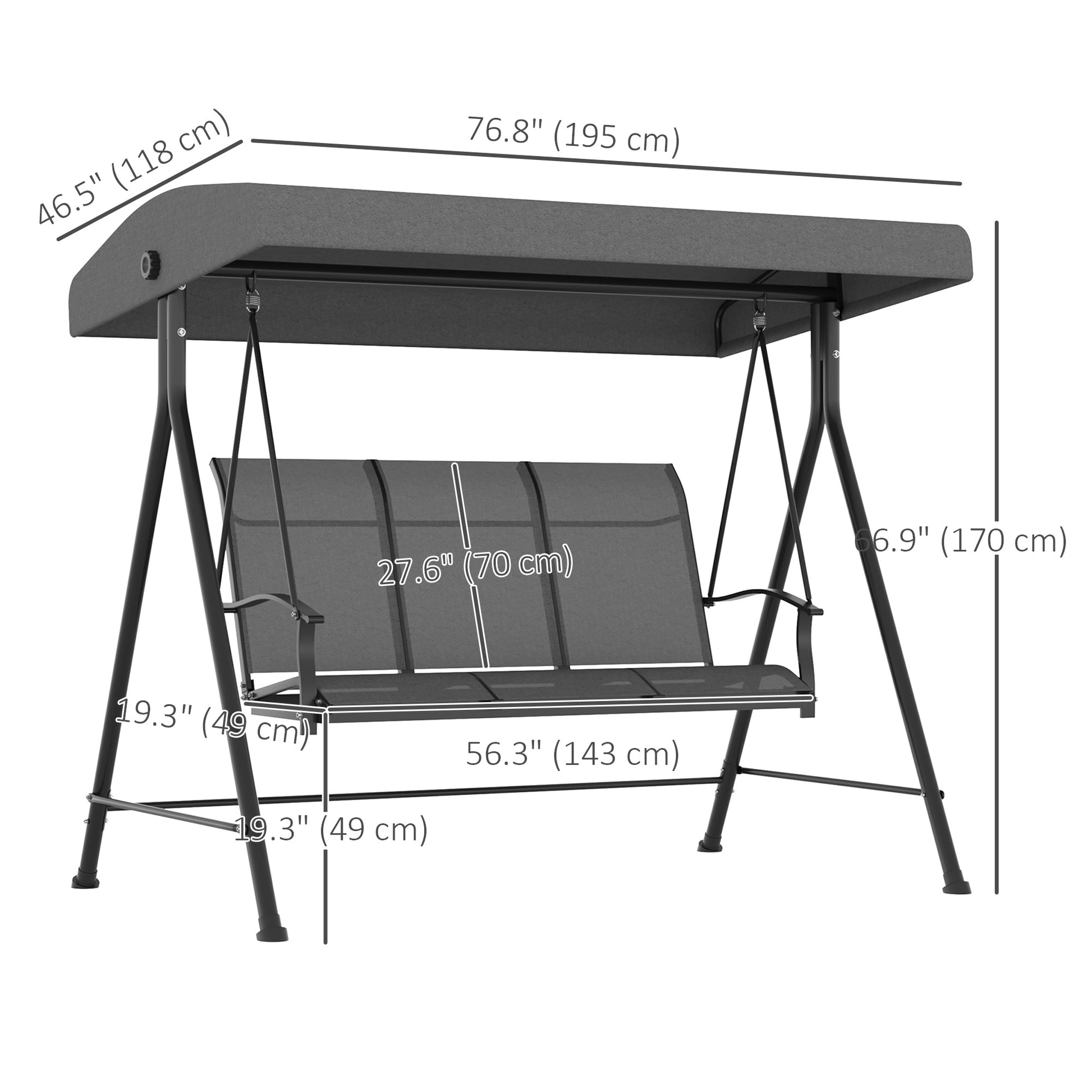 3 Seater Outdoor Swing Chair with Adjustable Canopy, Metal Porch Swing Bench for Patio, Garden, Backyard, Lawn, Dark Grey