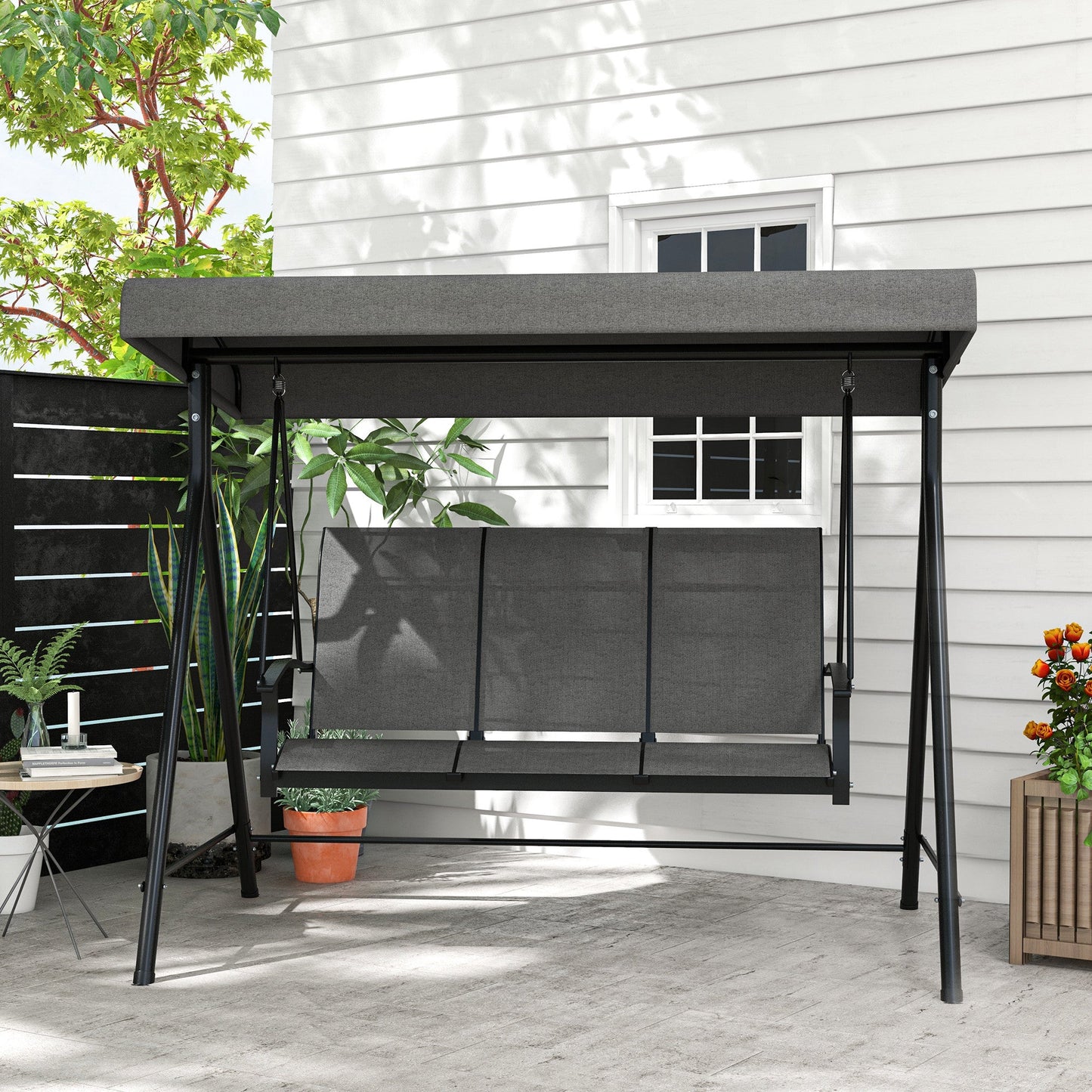 3 Seater Outdoor Swing Chair with Adjustable Canopy, Metal Porch Swing Bench for Patio, Garden, Backyard, Lawn, Dark Grey