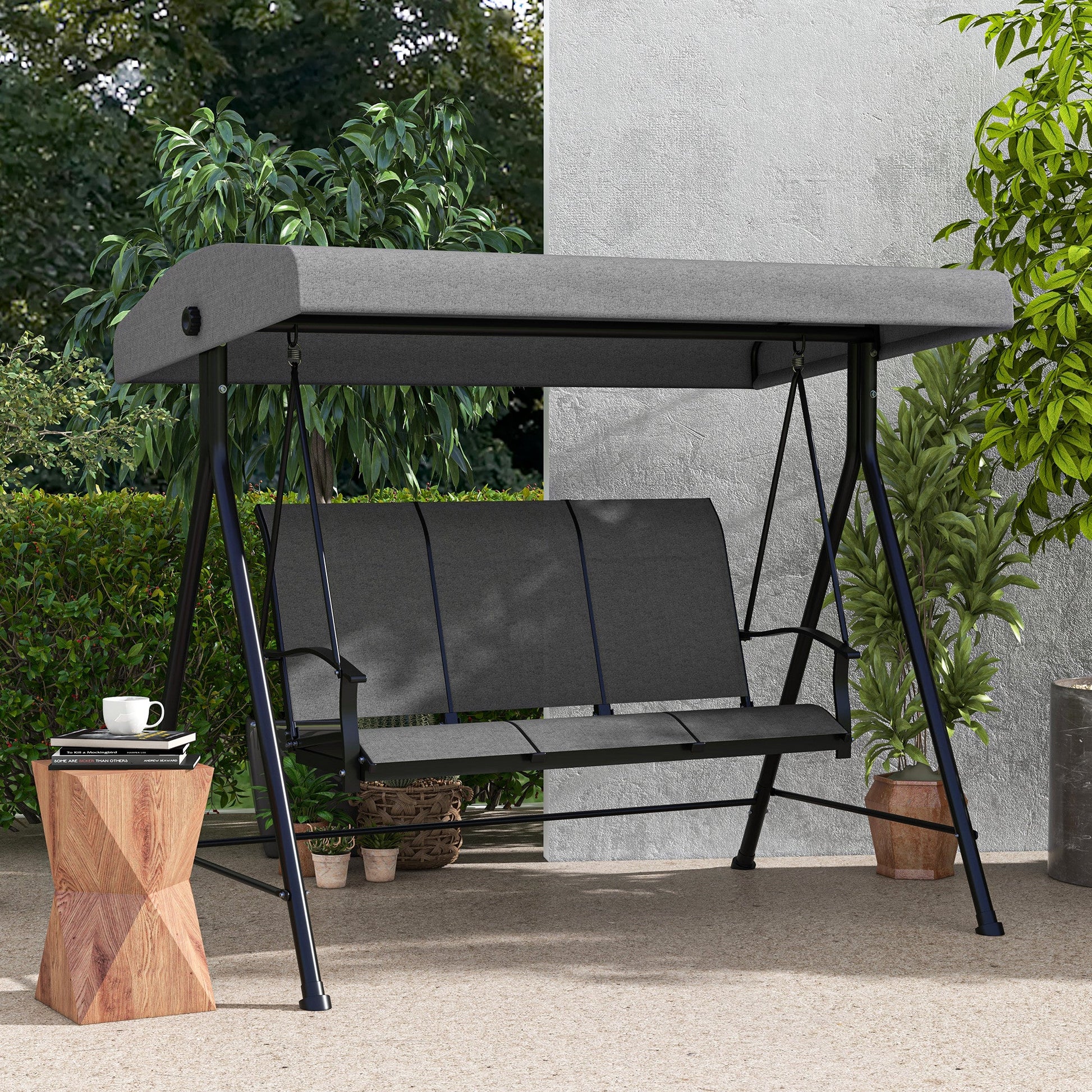 3 Seater Outdoor Swing Chair with Adjustable Canopy, Metal Porch Swing Bench for Patio, Garden, Backyard, Lawn, Dark Grey